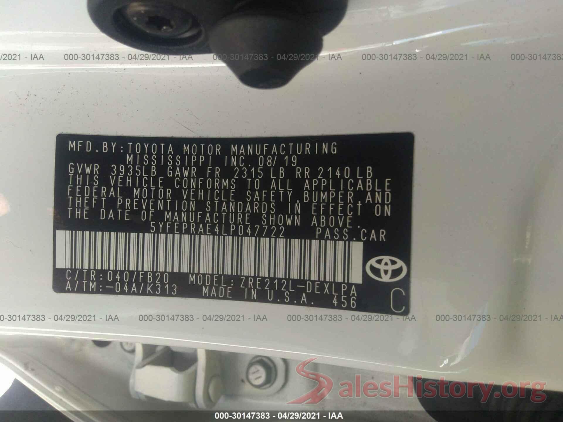 5YFEPRAE4LP047722 2020 TOYOTA COROLLA