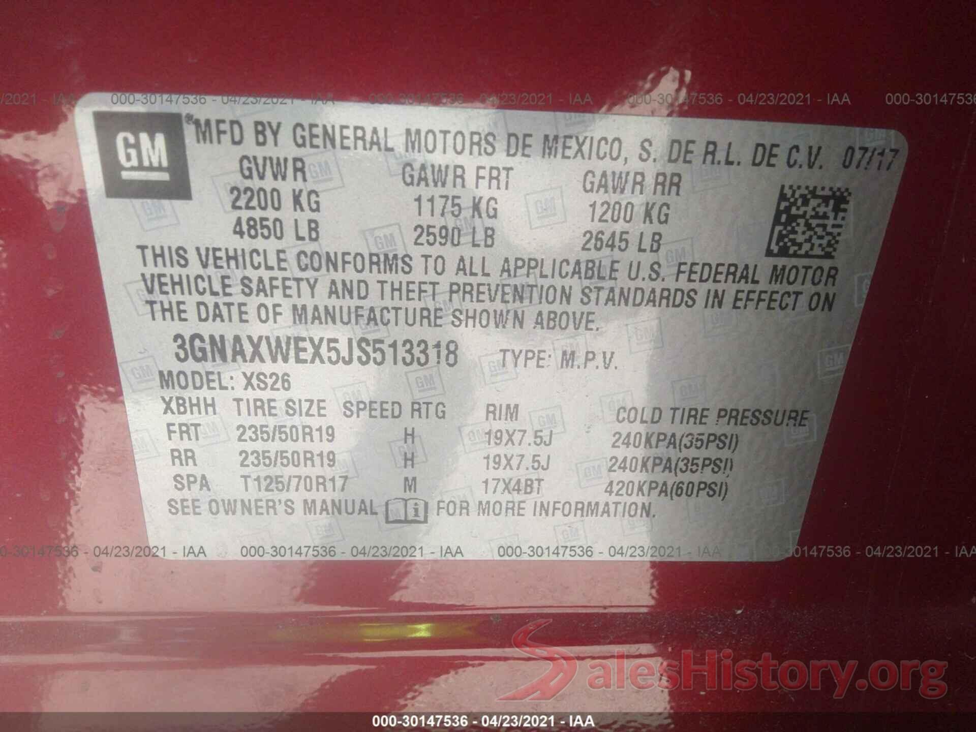 3GNAXWEX5JS513318 2018 CHEVROLET EQUINOX