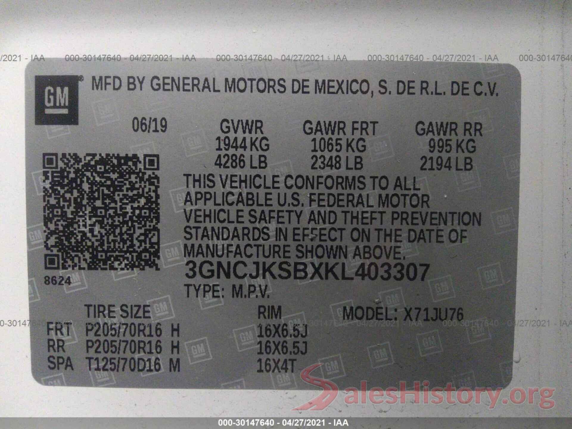 3GNCJKSBXKL403307 2019 CHEVROLET TRAX