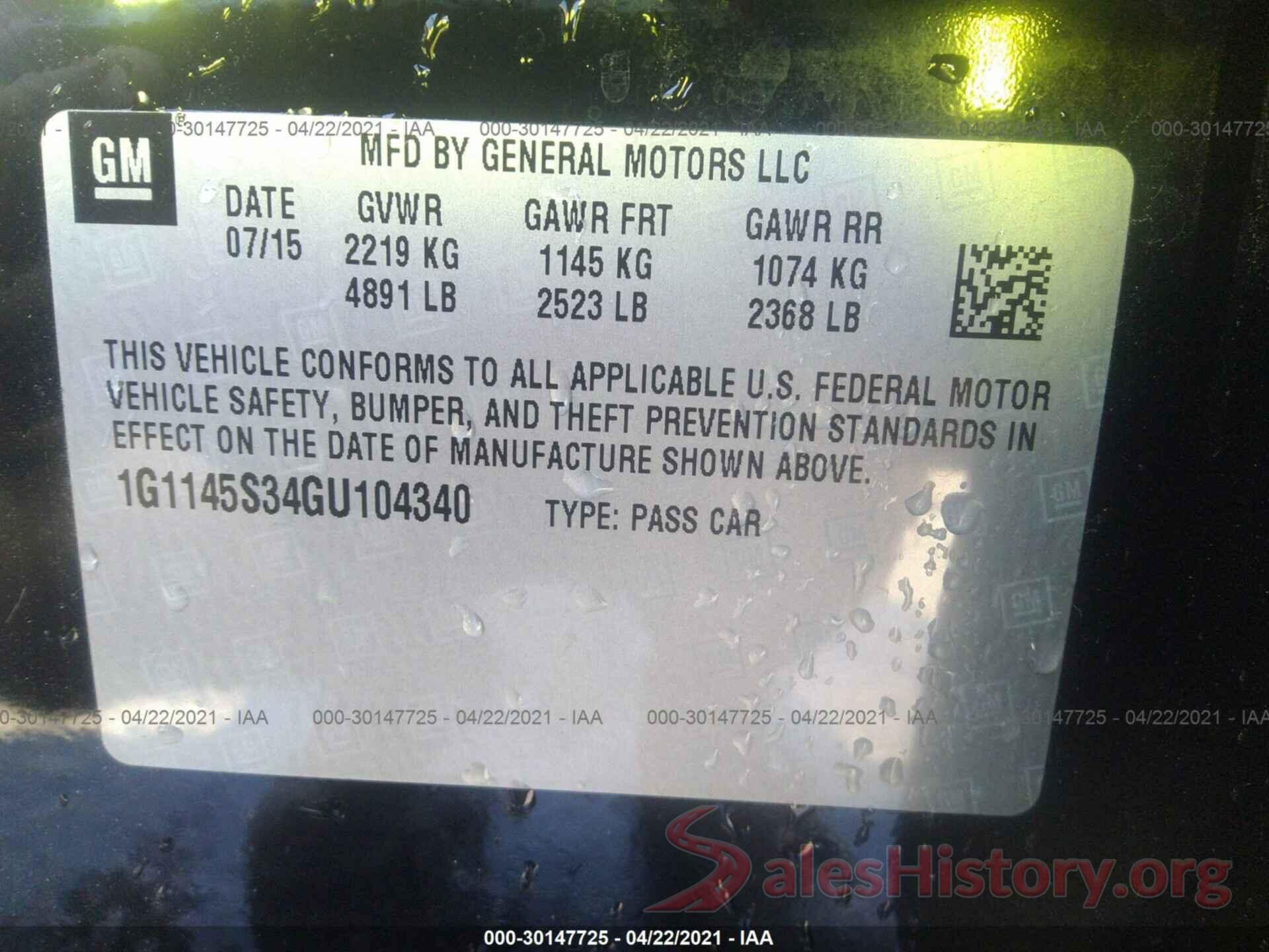 1G1145S34GU104340 2016 CHEVROLET IMPALA