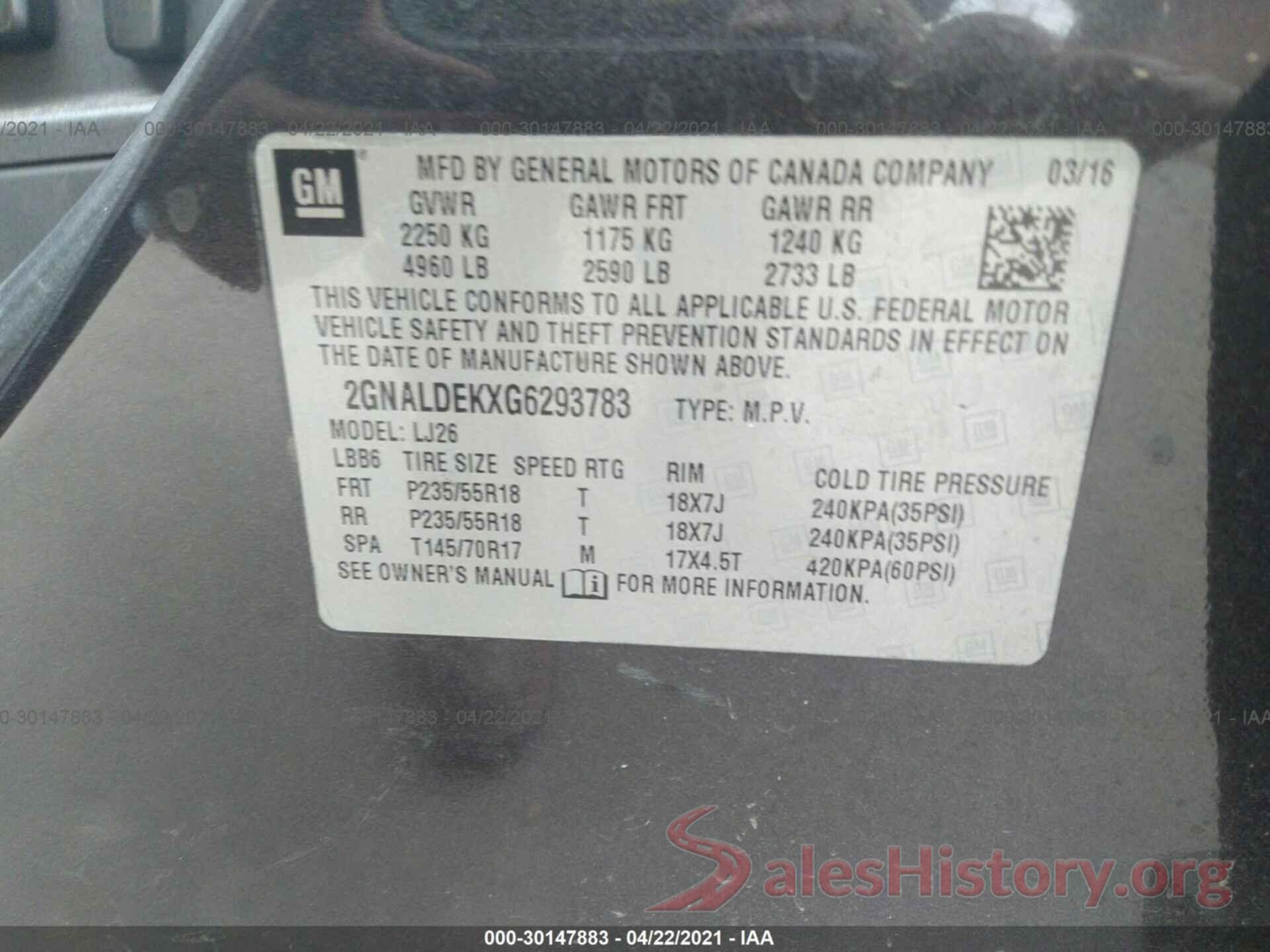 2GNALDEKXG6293783 2016 CHEVROLET EQUINOX