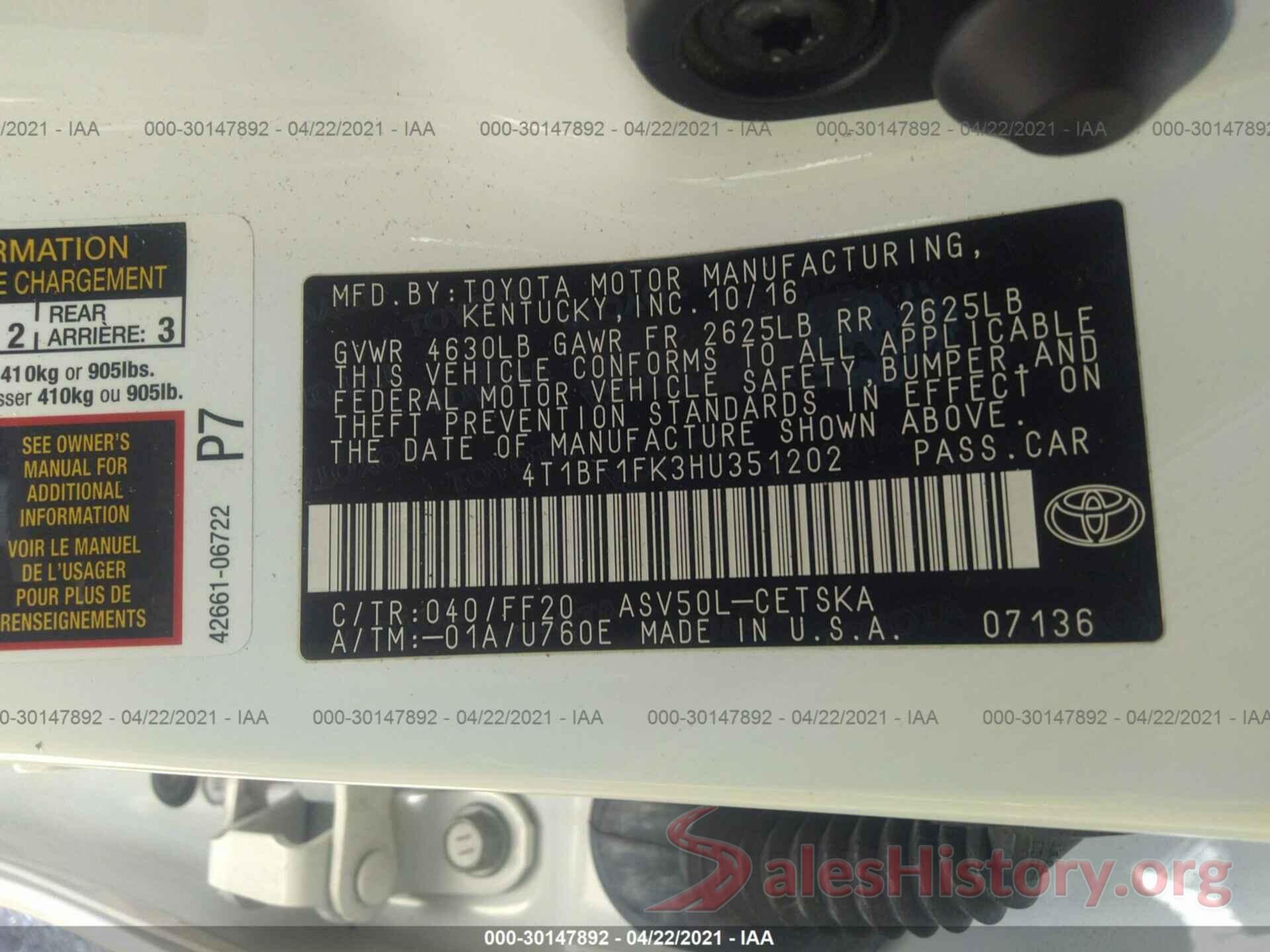 4T1BF1FK3HU351202 2017 TOYOTA CAMRY