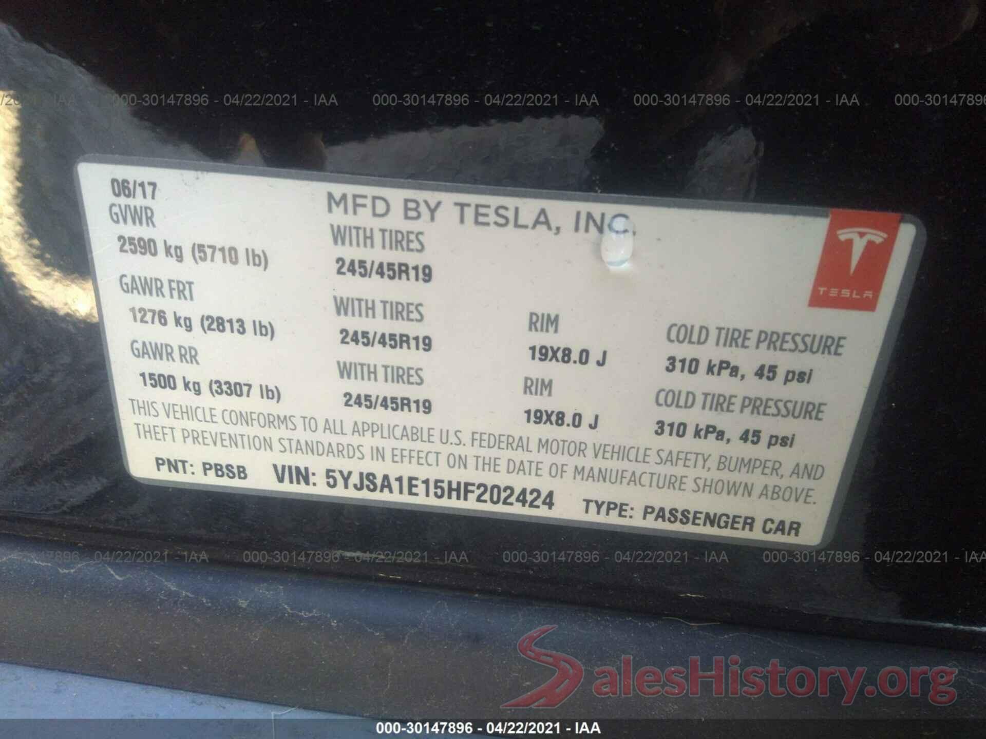 5YJSA1E15HF202424 2017 TESLA MODEL S