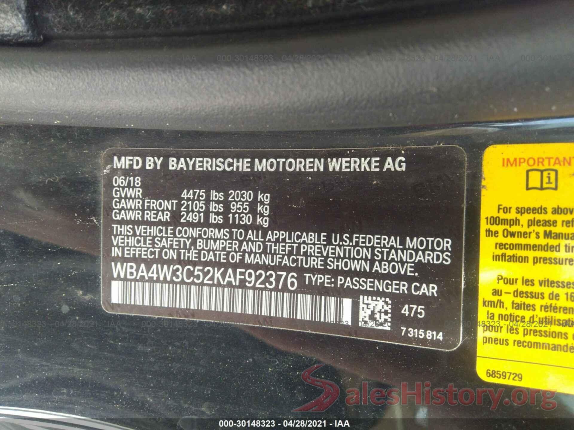 WBA4W3C52KAF92376 2019 BMW 4 SERIES