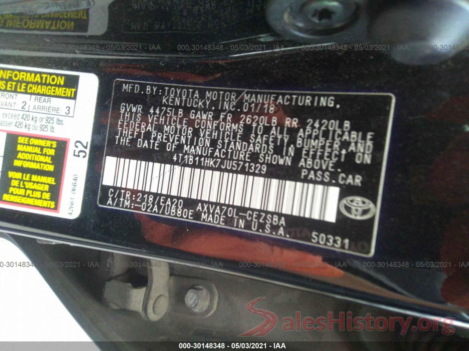 4T1B11HK7JU571329 2018 TOYOTA CAMRY