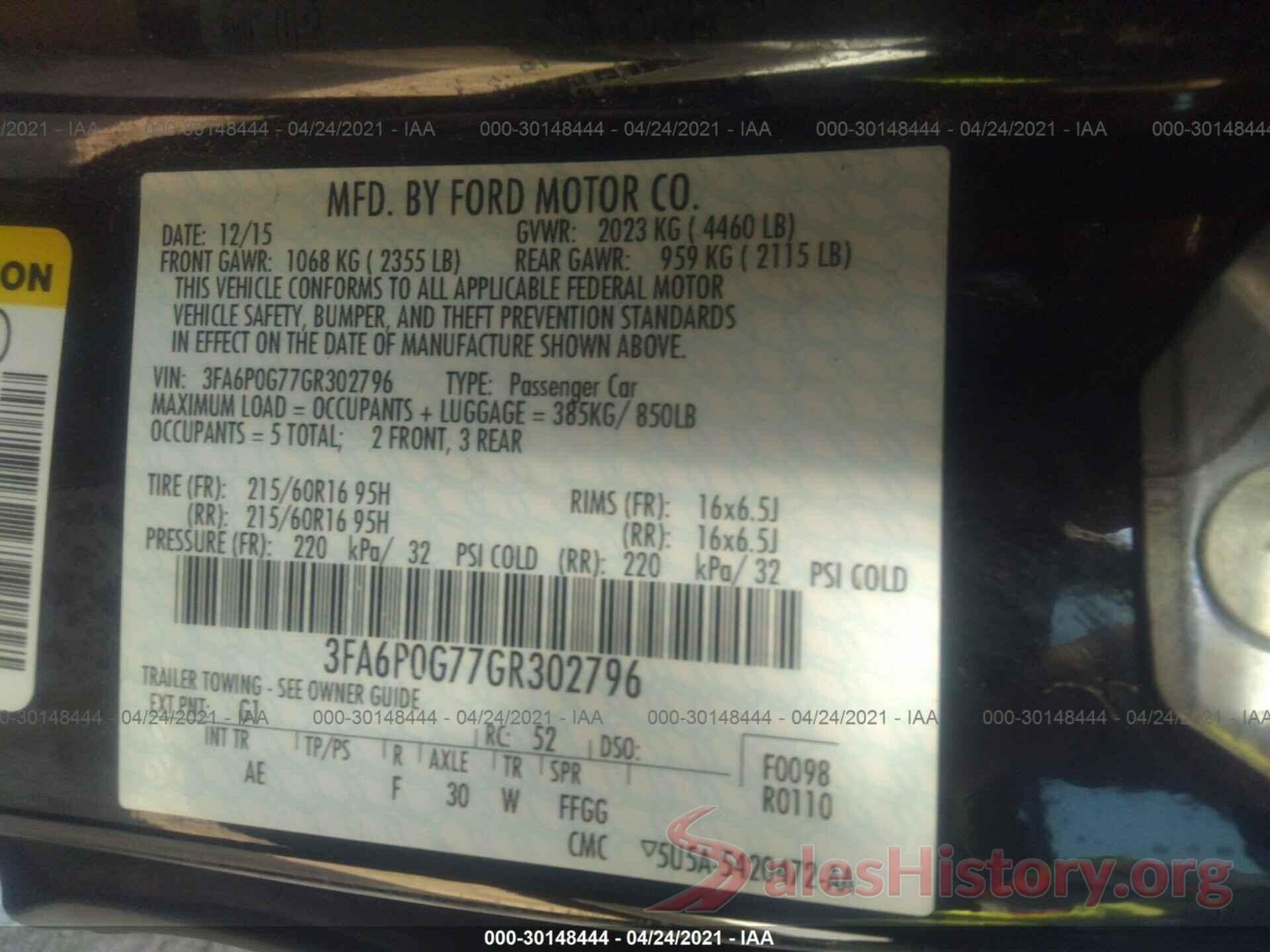 3FA6P0G77GR302796 2016 FORD FUSION