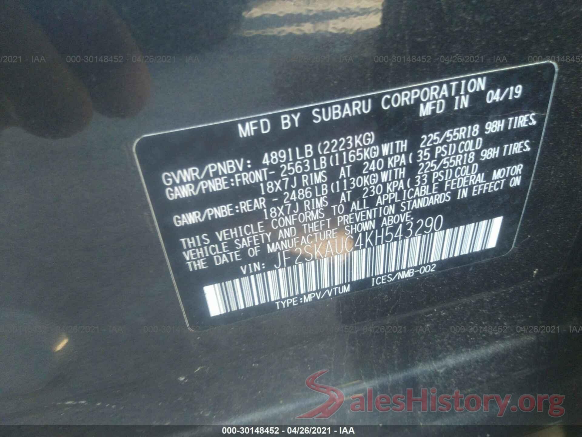 JF2SKAUC4KH543290 2019 SUBARU FORESTER