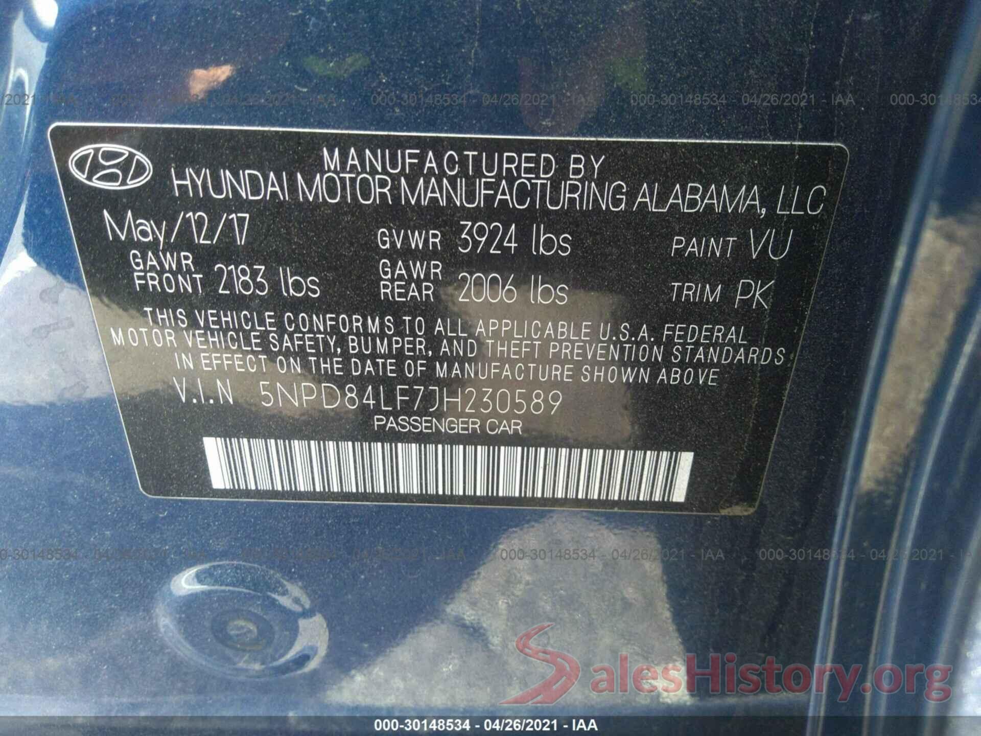 5NPD84LF7JH230589 2018 HYUNDAI ELANTRA