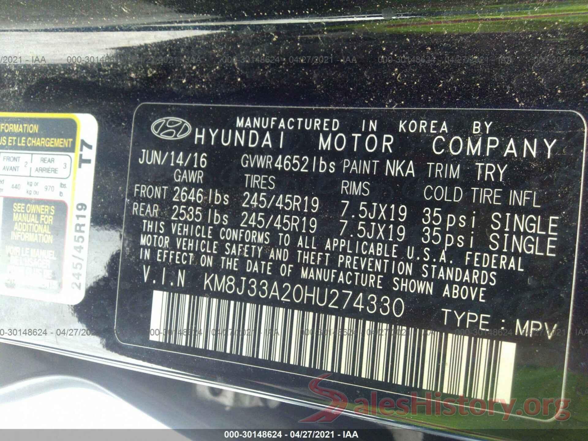 KM8J33A20HU274330 2017 HYUNDAI TUCSON