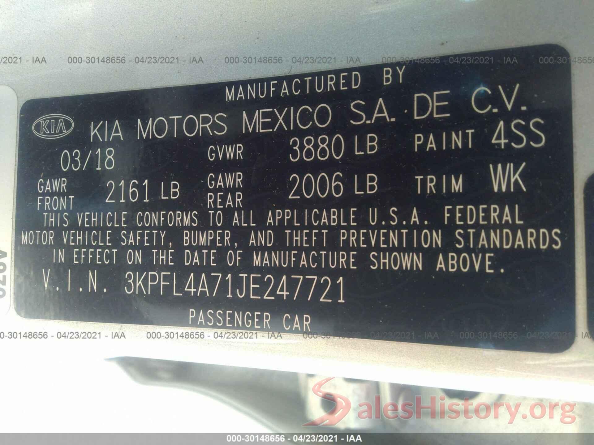 3KPFL4A71JE247721 2018 KIA FORTE