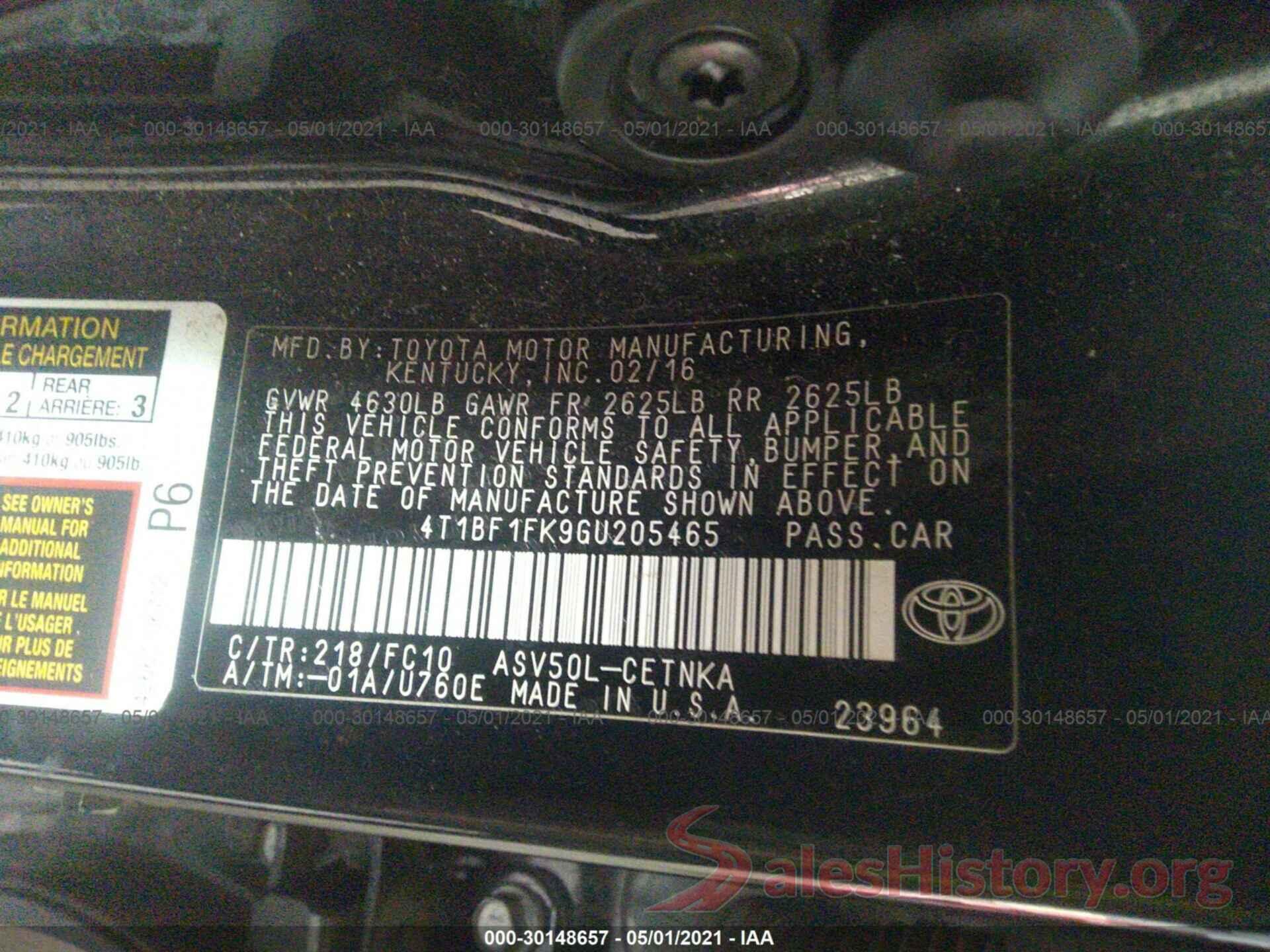 4T1BF1FK9GU205465 2016 TOYOTA CAMRY