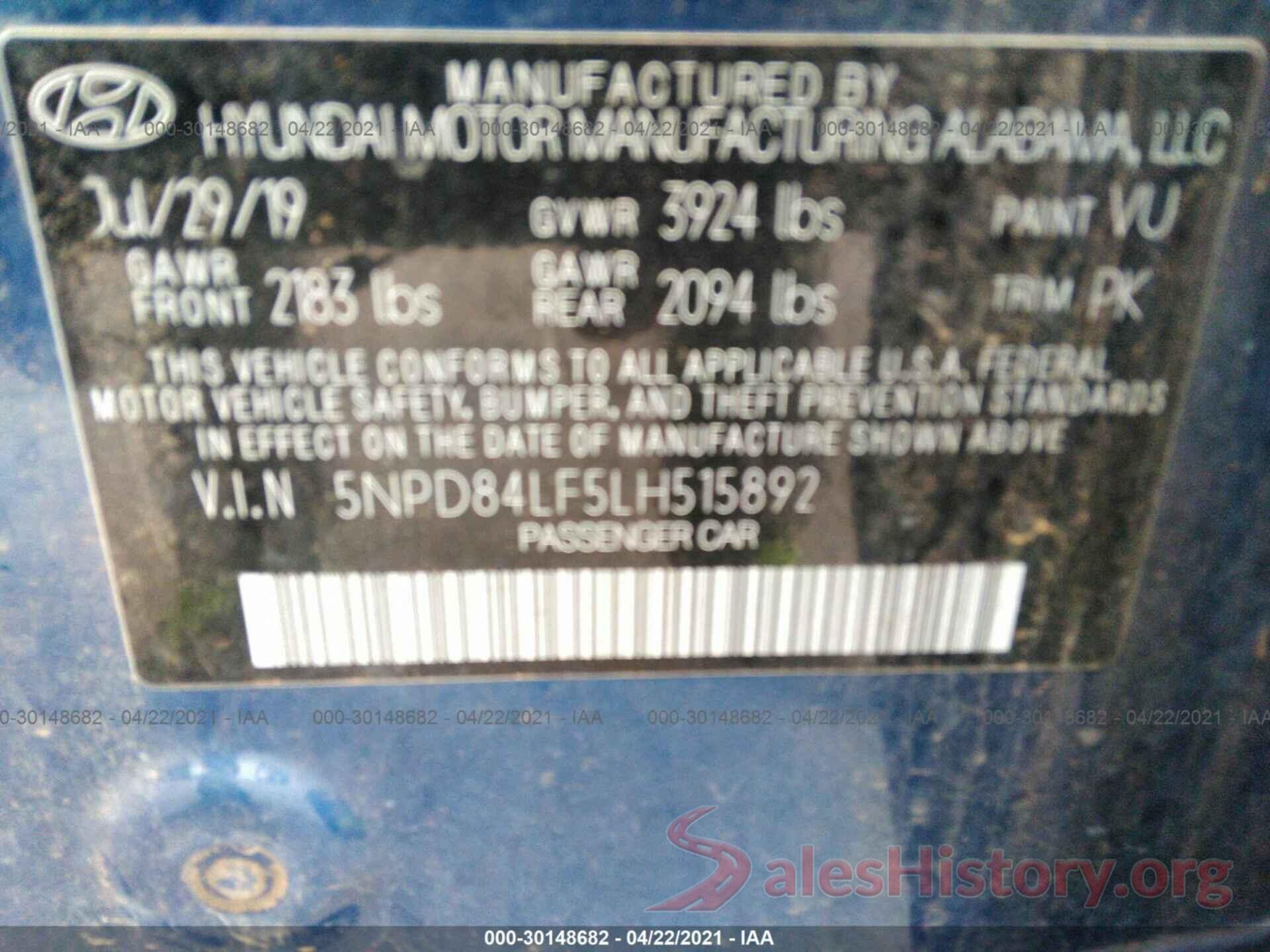 5NPD84LF5LH515892 2020 HYUNDAI ELANTRA