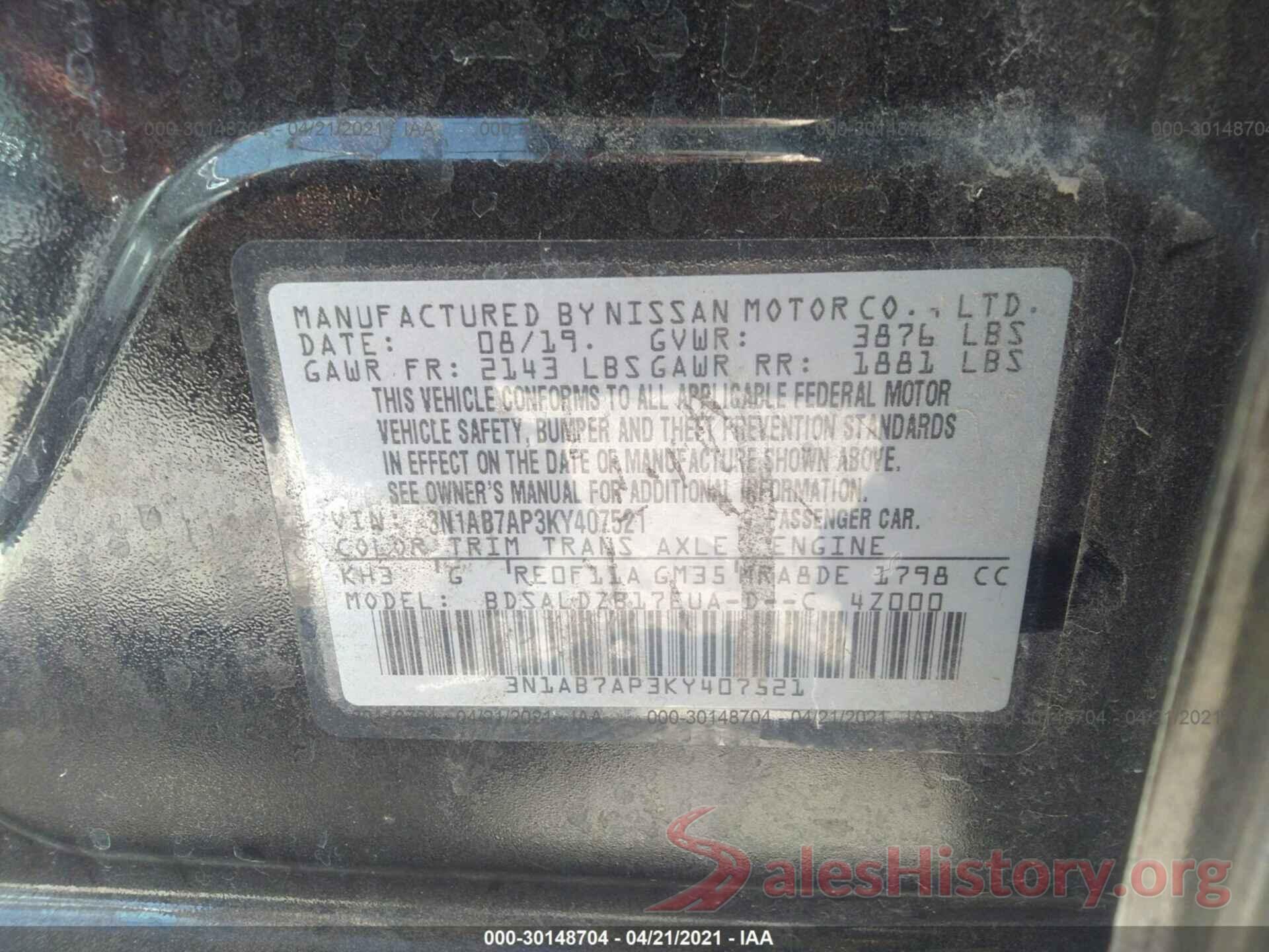 3N1AB7AP3KY407521 2019 NISSAN SENTRA