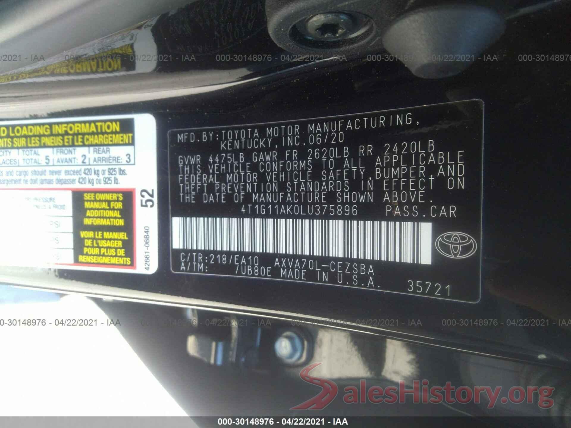 4T1G11AK0LU375896 2020 TOYOTA CAMRY