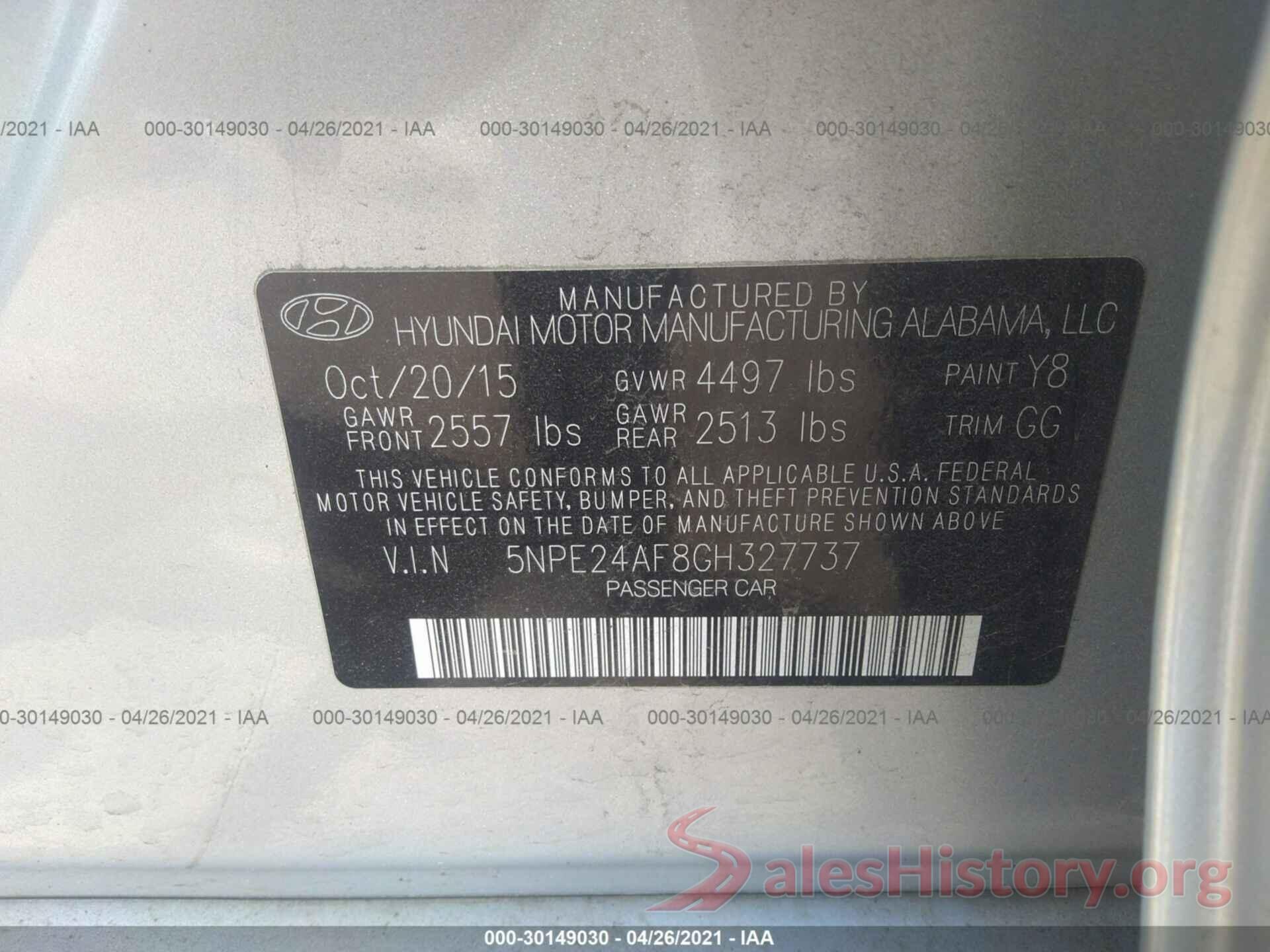 5NPE24AF8GH327737 2016 HYUNDAI SONATA