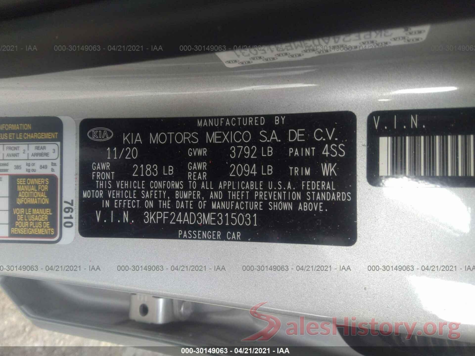 3KPF24AD3ME315031 2021 KIA FORTE