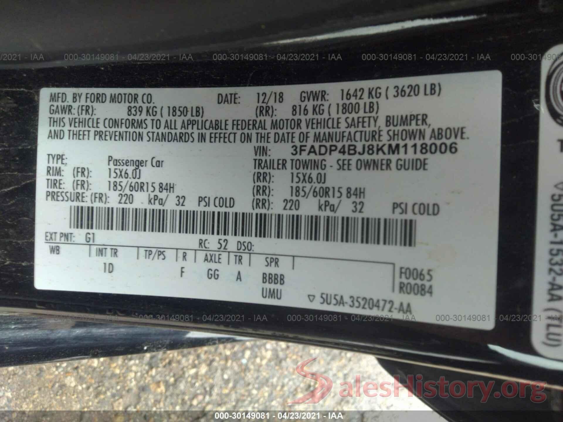 3FADP4BJ8KM118006 2019 FORD FIESTA