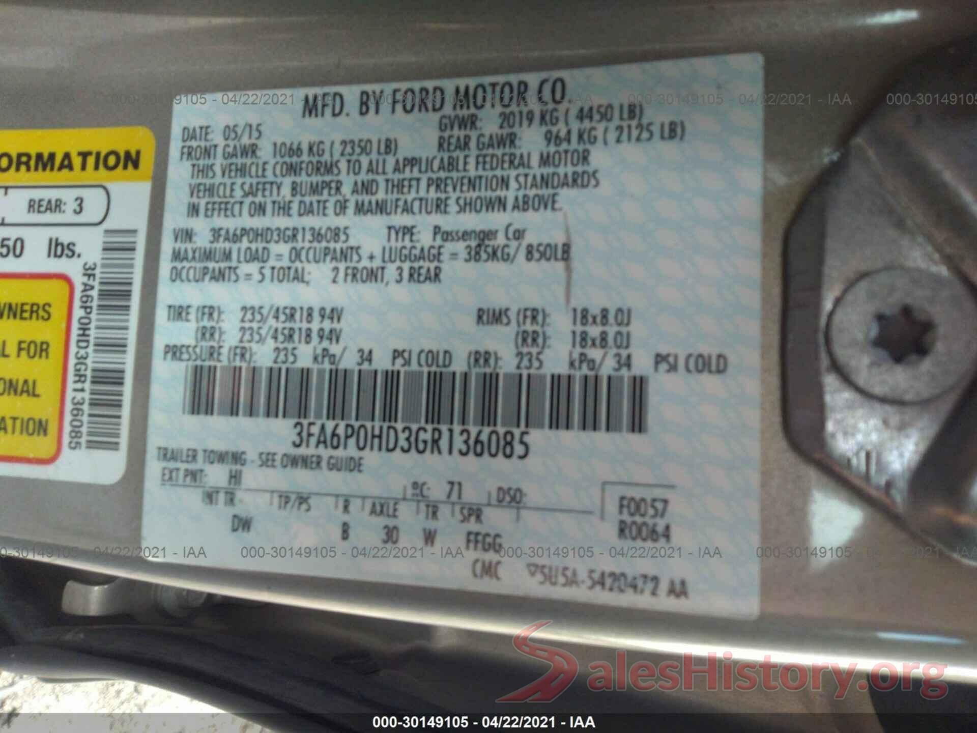 3FA6P0HD3GR136085 2016 FORD FUSION