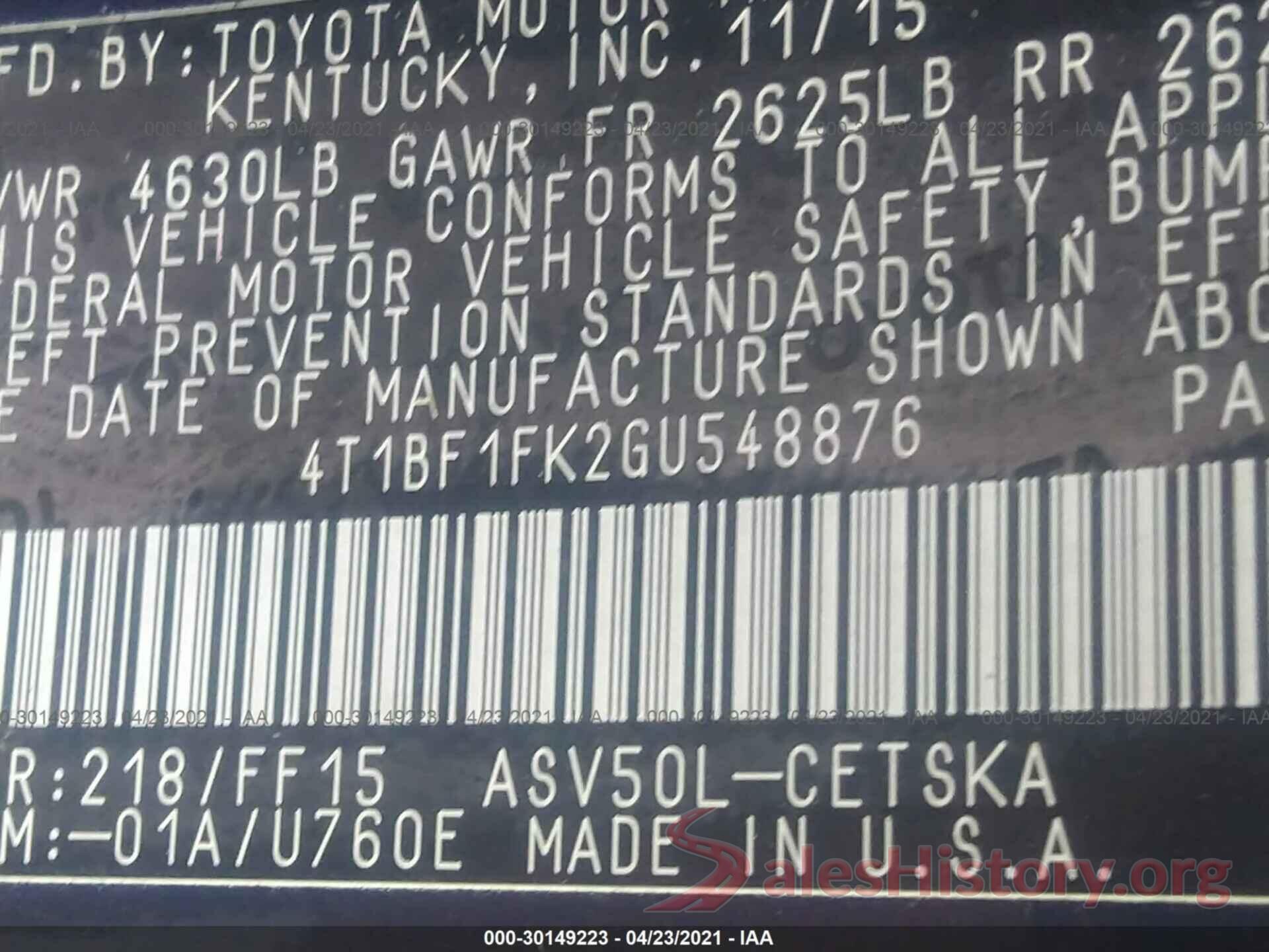 4T1BF1FK2GU548876 2016 TOYOTA CAMRY