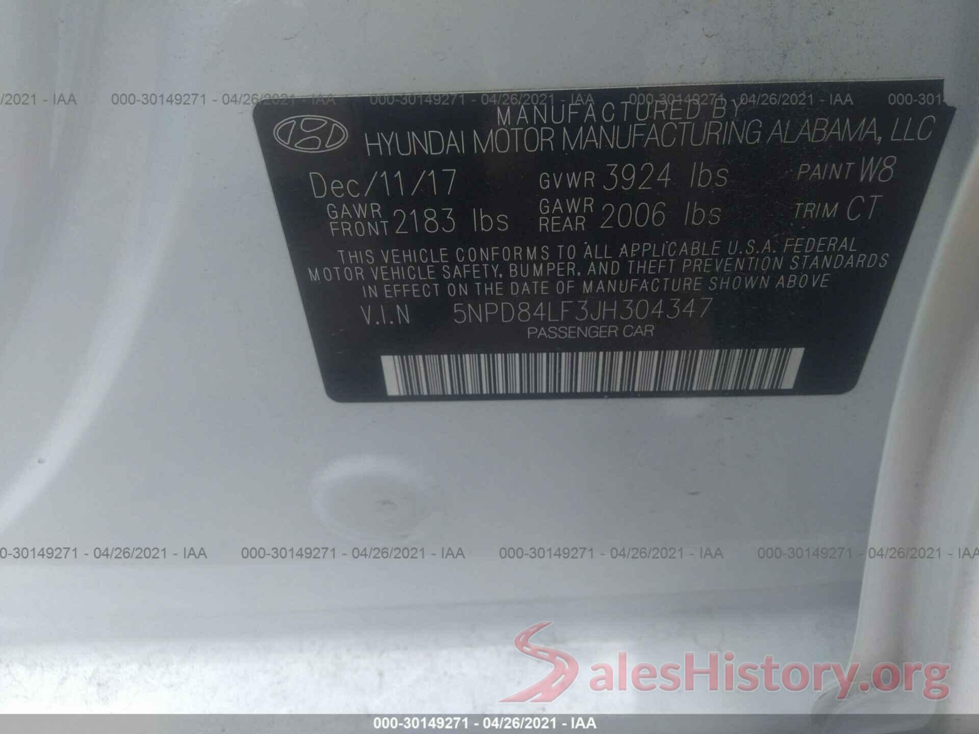 5NPD84LF3JH304347 2018 HYUNDAI ELANTRA