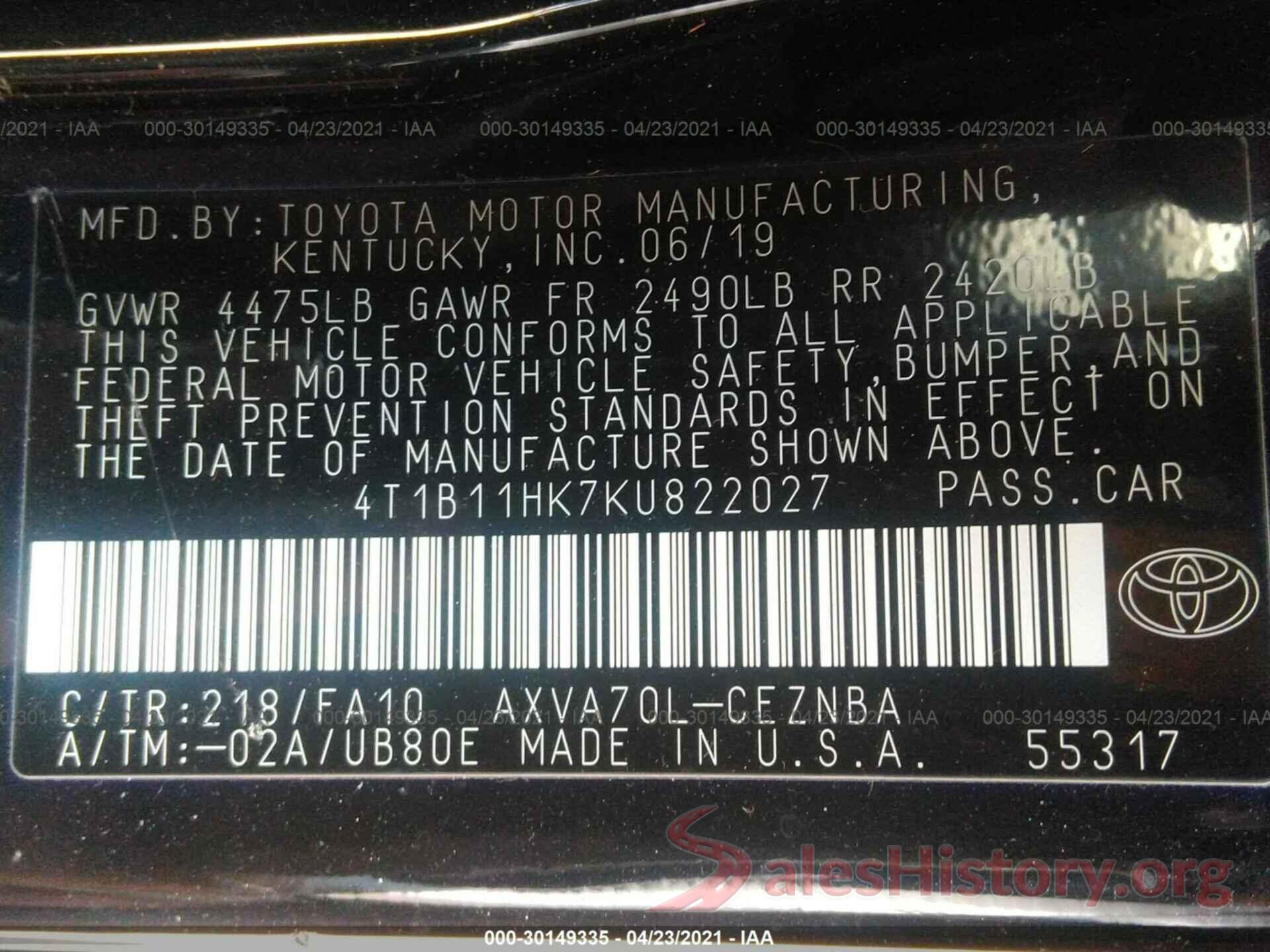 4T1B11HK7KU822027 2019 TOYOTA CAMRY