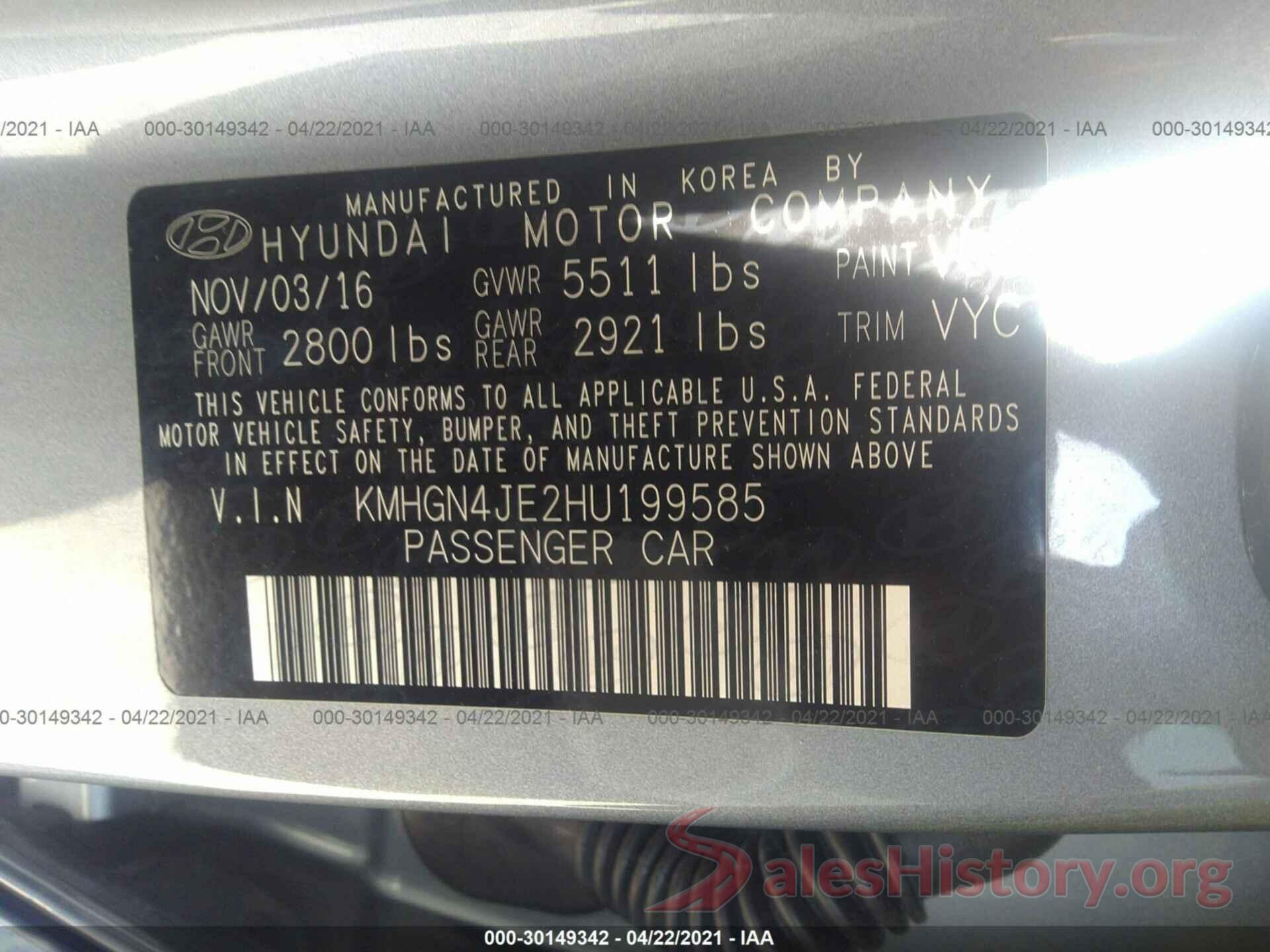 KMHGN4JE2HU199585 2017 HYUNDAI GENESIS