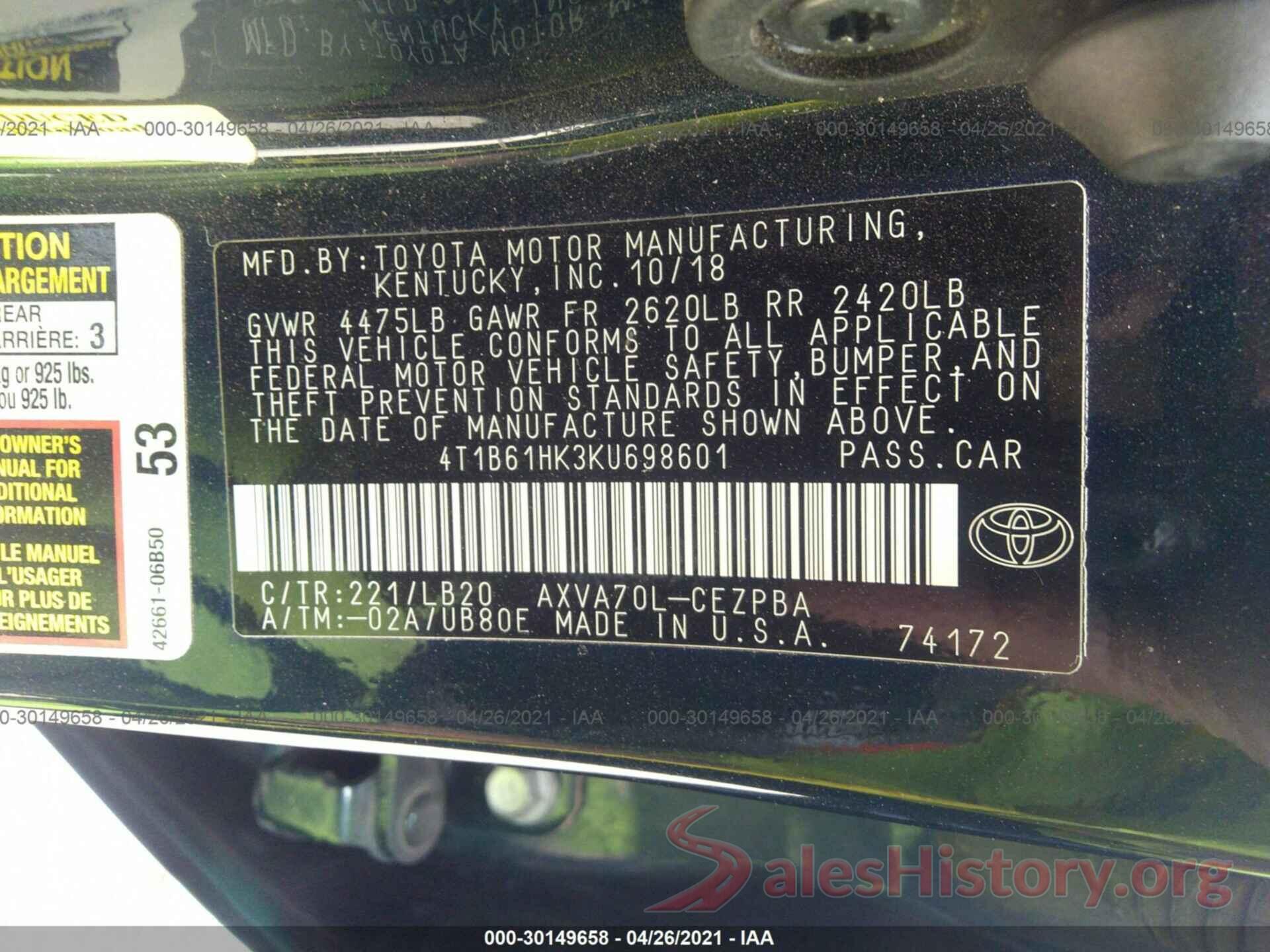 4T1B61HK3KU698601 2019 TOYOTA CAMRY