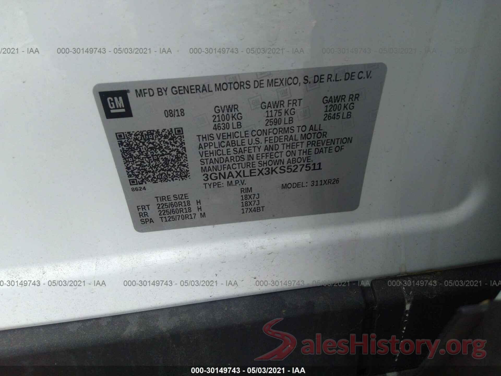 3GNAXLEX3KS527511 2019 CHEVROLET EQUINOX