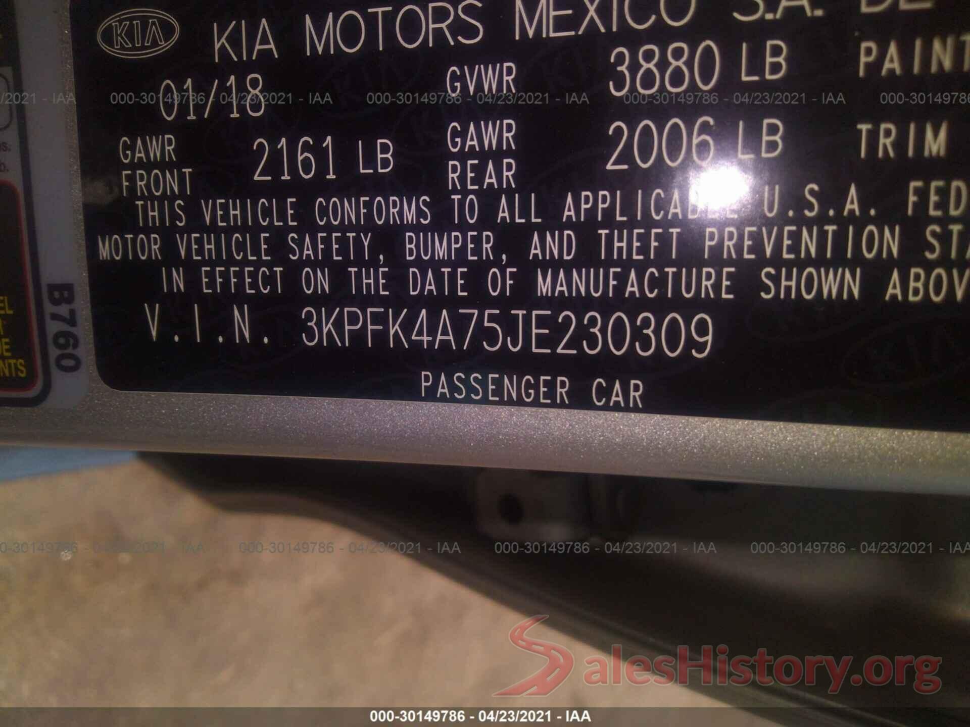 3KPFK4A75JE230309 2018 KIA FORTE