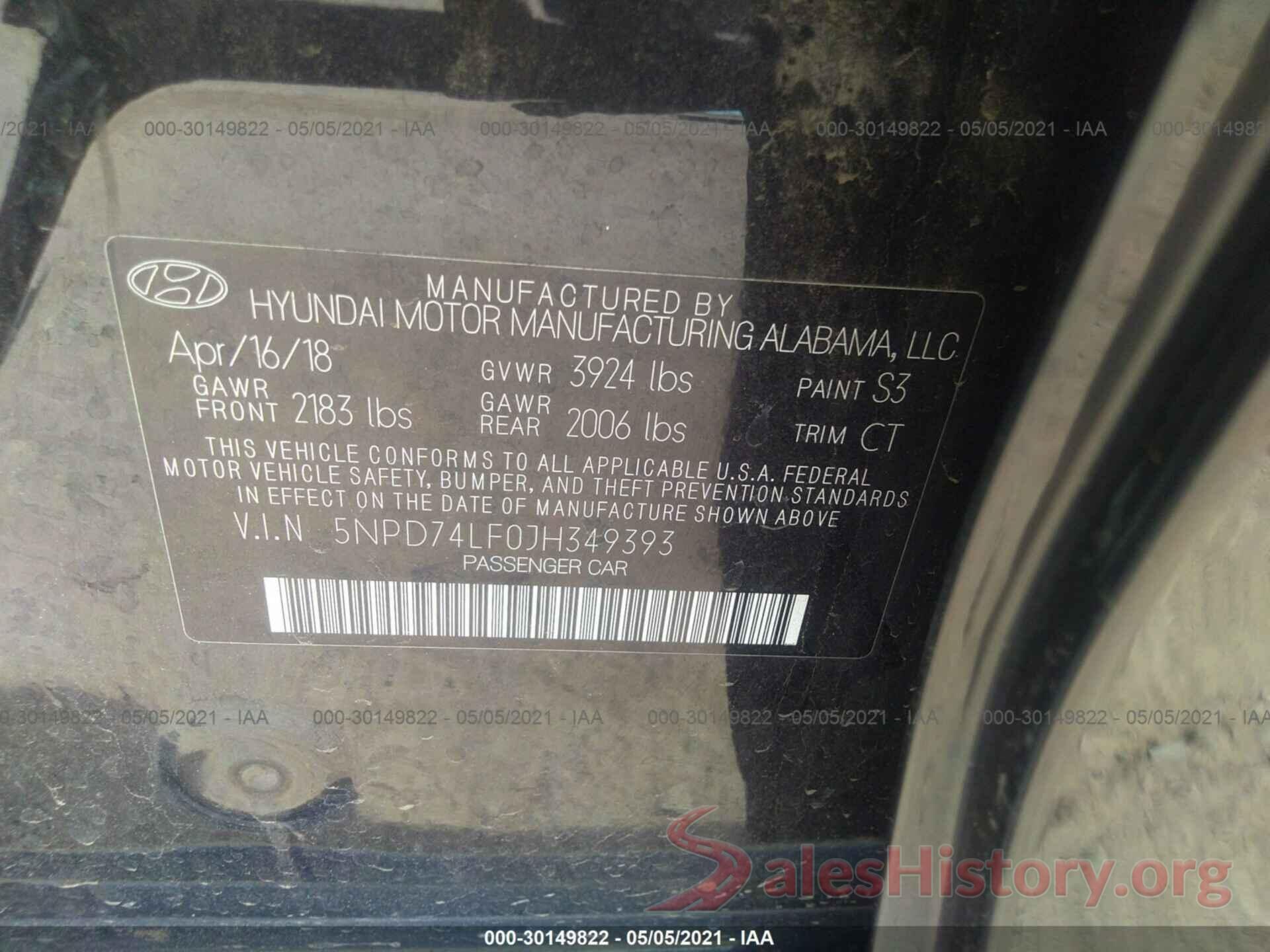 5NPD74LF0JH349393 2018 HYUNDAI ELANTRA