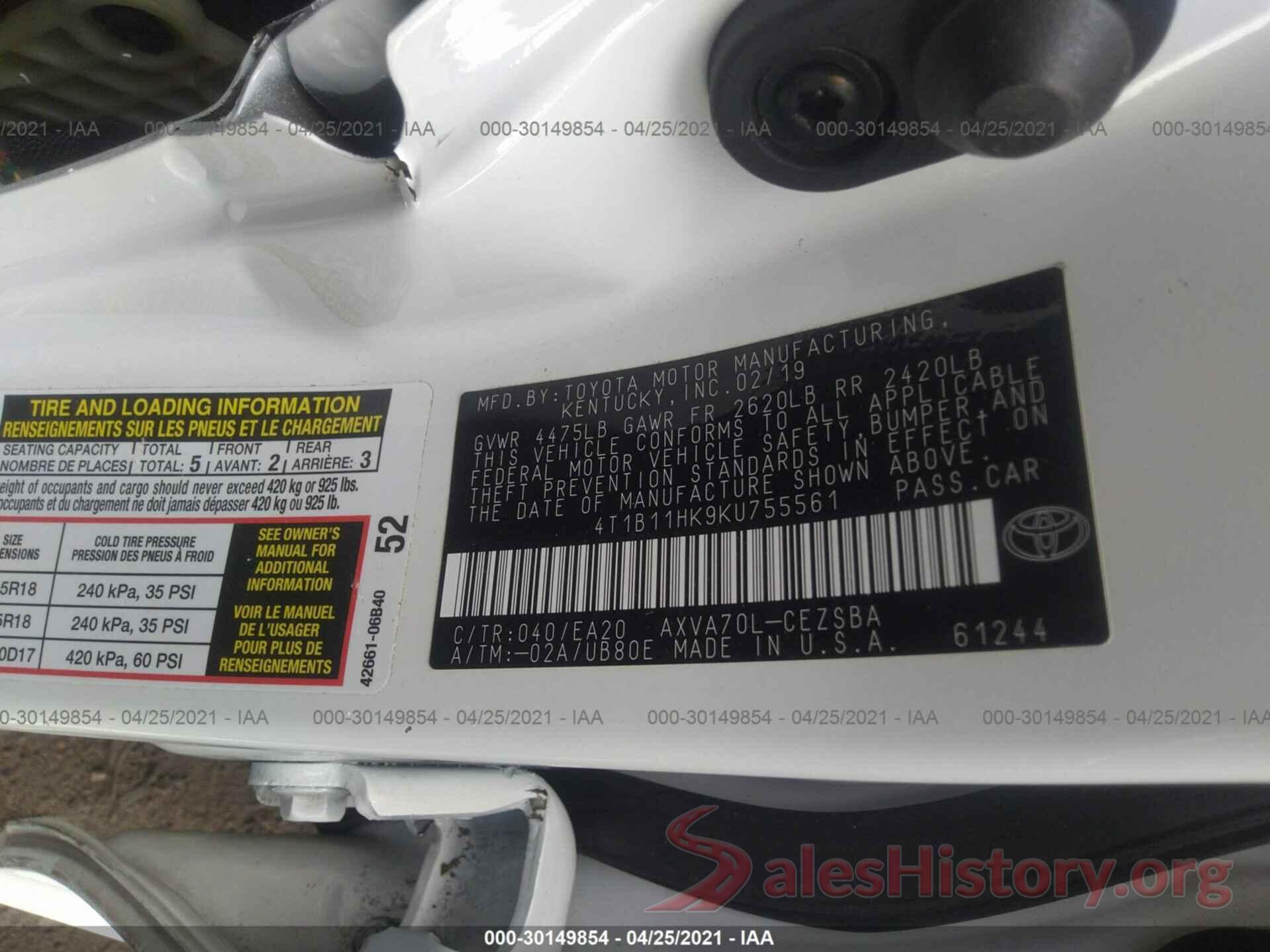 4T1B11HK9KU755561 2019 TOYOTA CAMRY