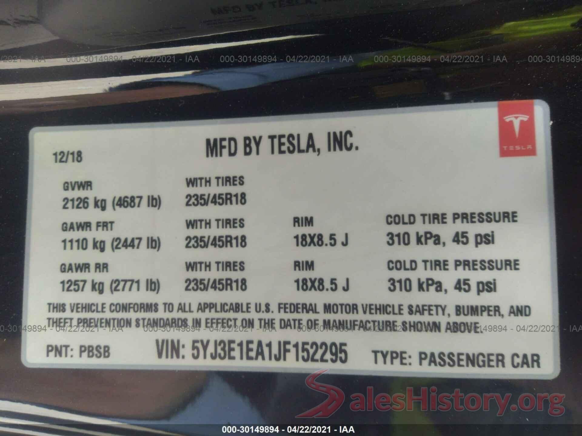 5YJ3E1EA1JF152295 2018 TESLA MODEL 3