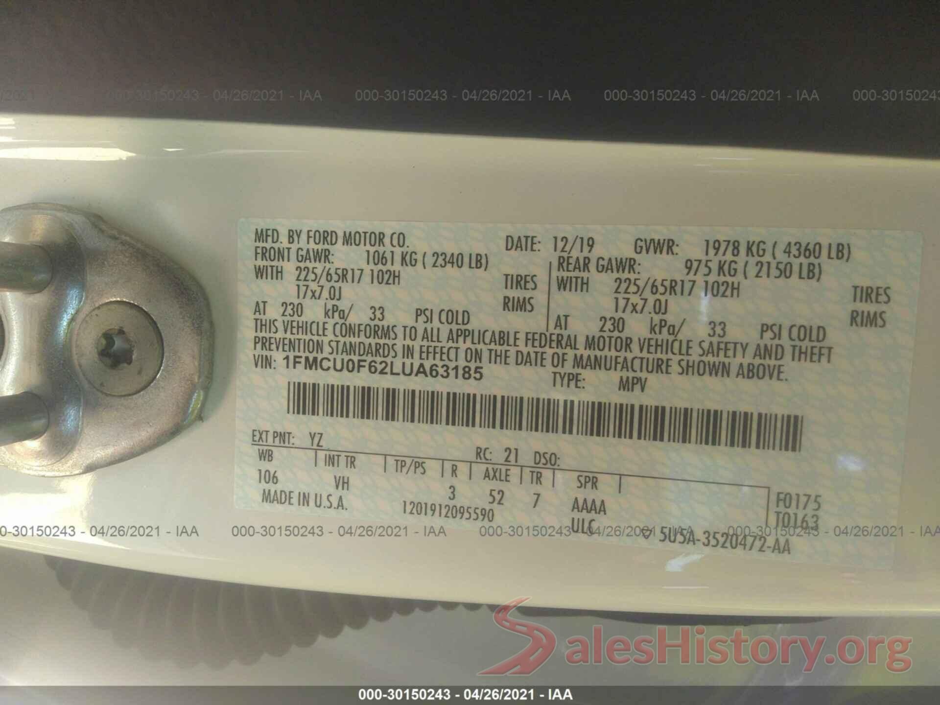 1FMCU0F62LUA63185 2020 FORD ESCAPE