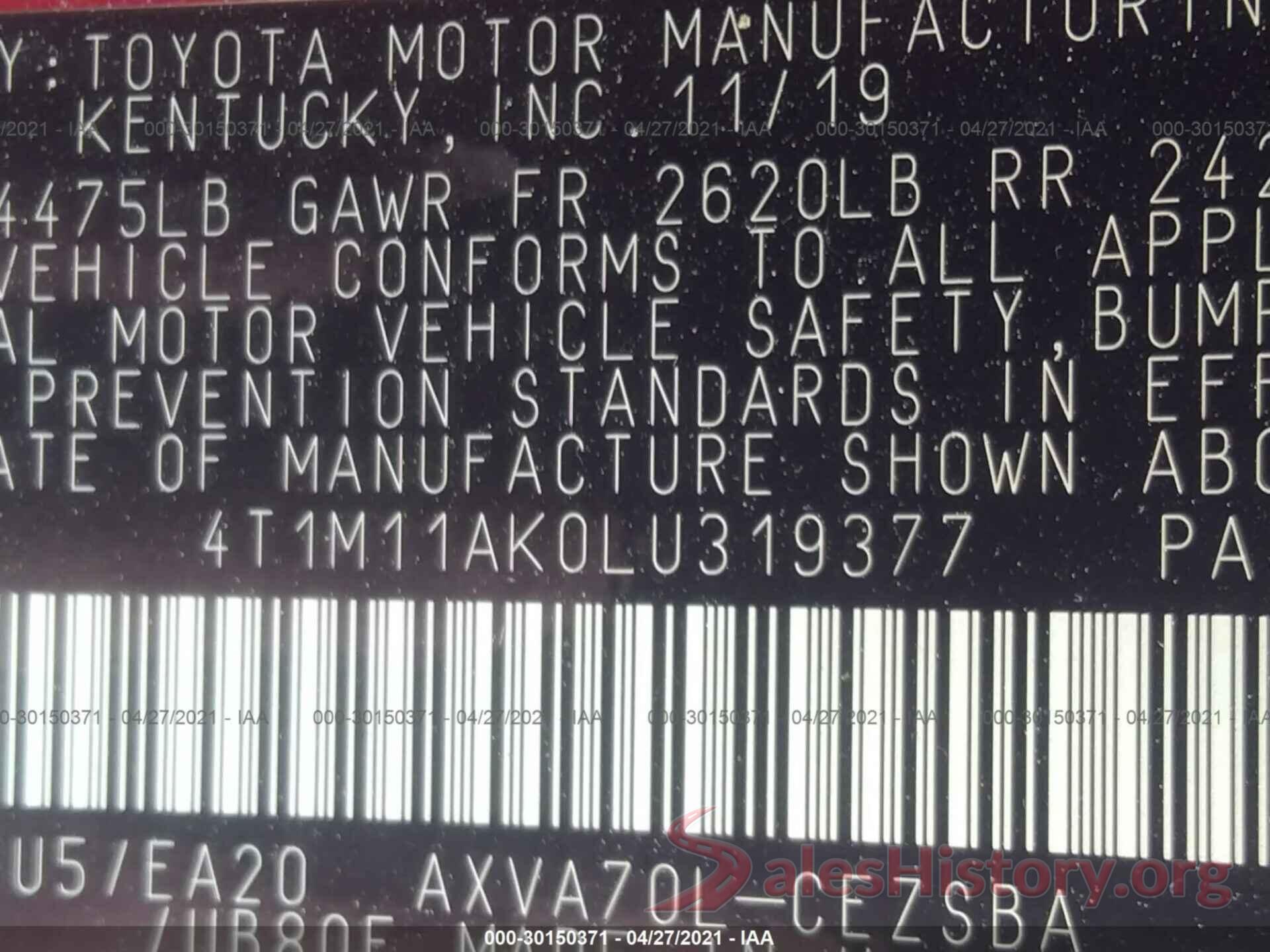 4T1M11AK0LU319377 2020 TOYOTA CAMRY