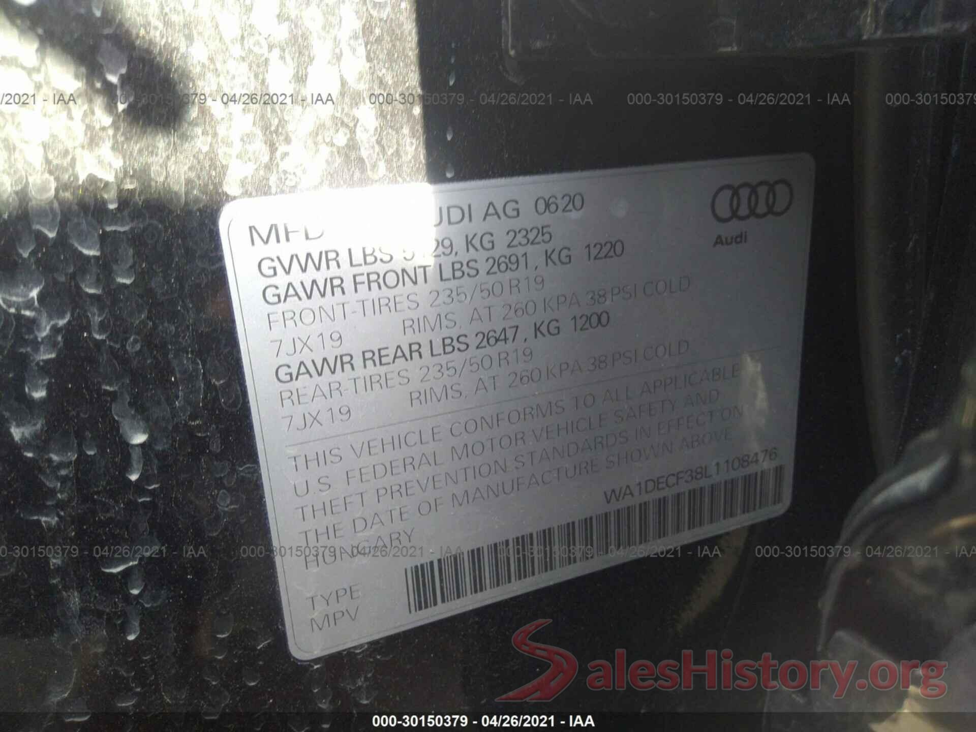 WA1DECF38L1108476 2020 AUDI Q3