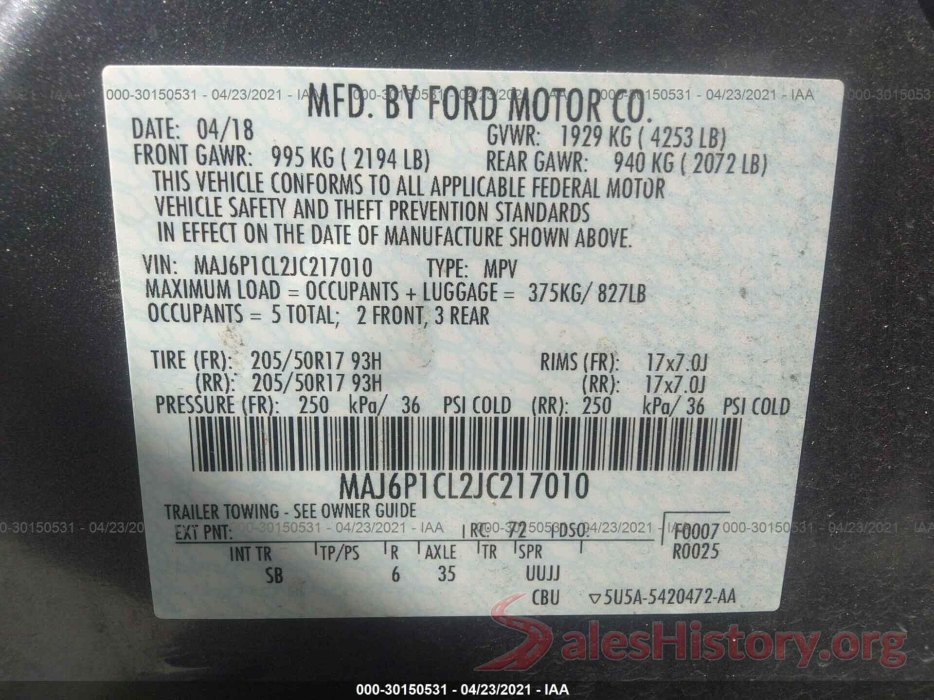 MAJ6P1CL2JC217010 2018 FORD ECOSPORT