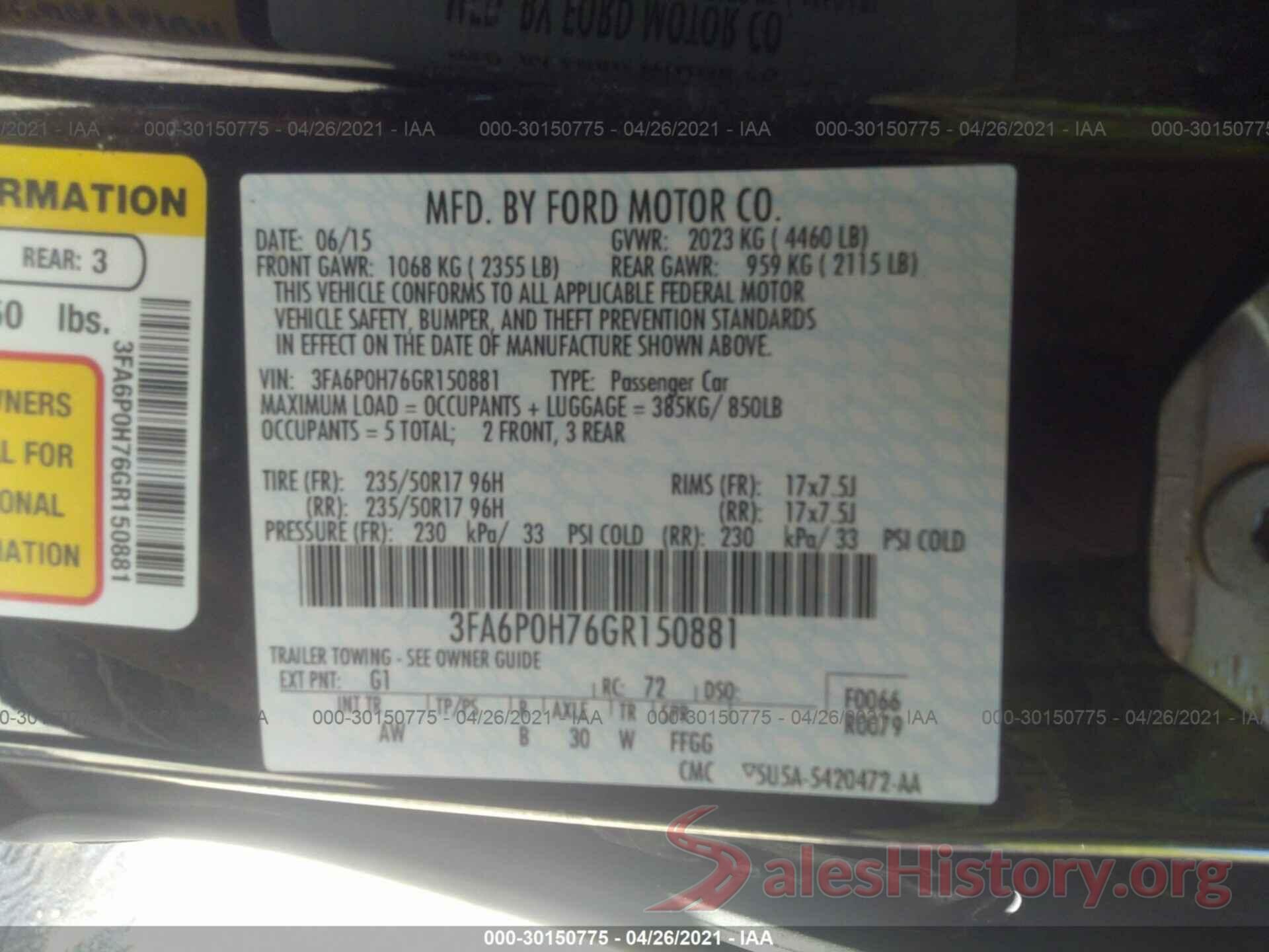 3FA6P0H76GR150881 2016 FORD FUSION