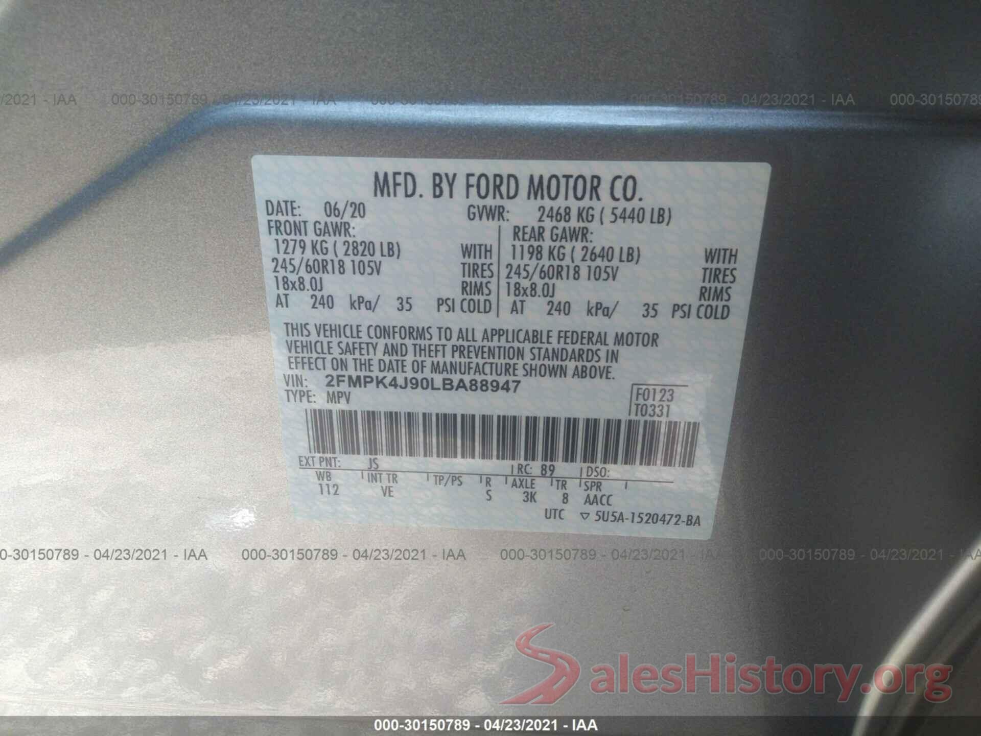 2FMPK4J90LBA88947 2020 FORD EDGE