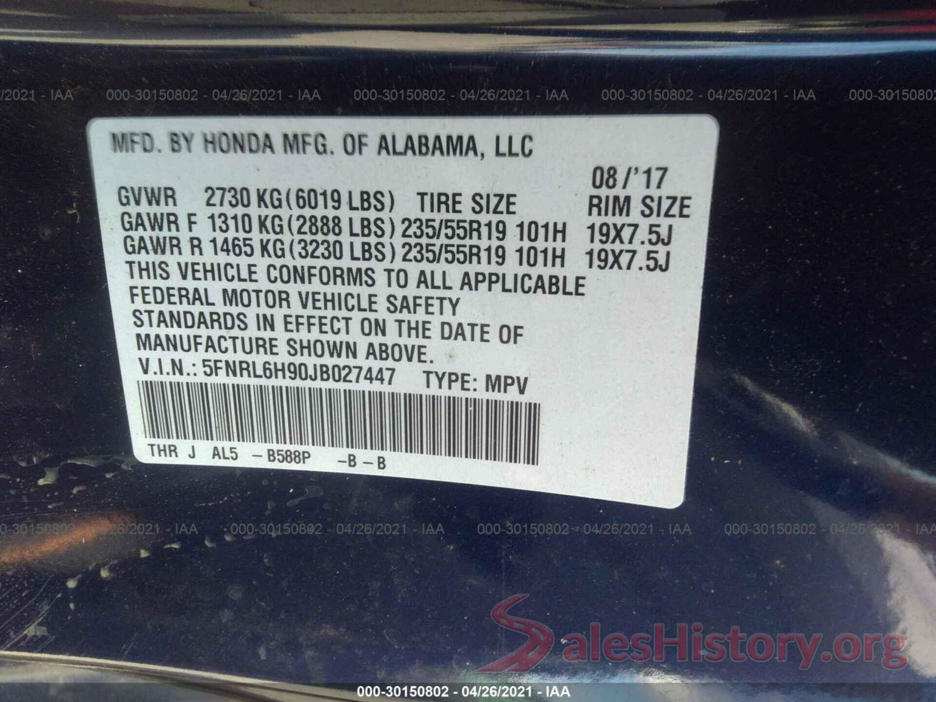 5FNRL6H90JB027447 2018 HONDA ODYSSEY