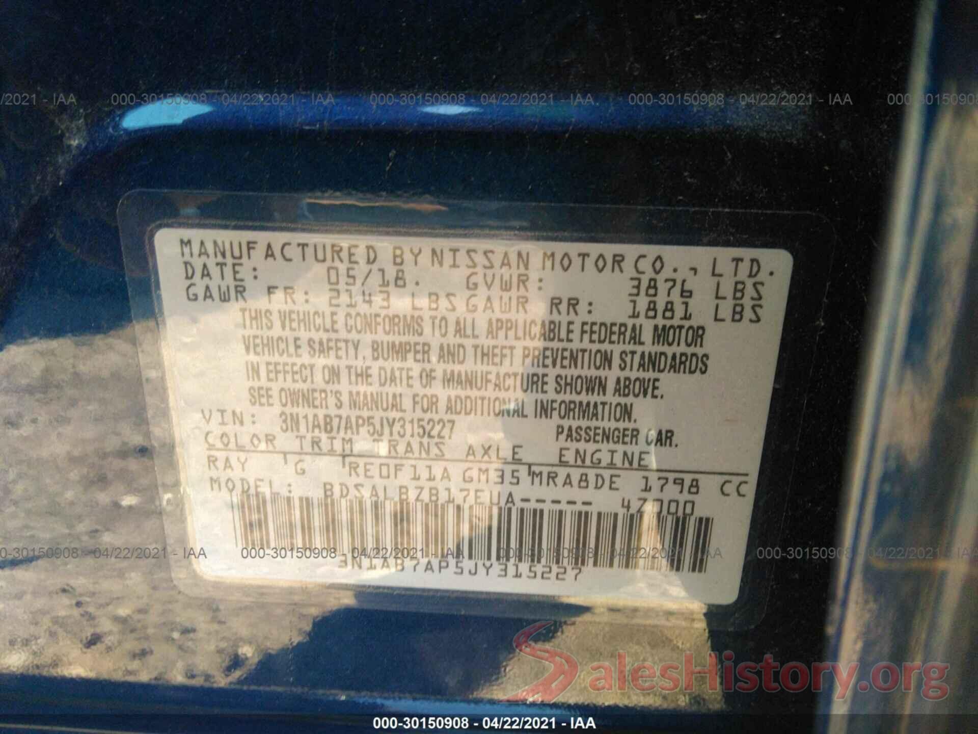 3N1AB7AP5JY315227 2018 NISSAN SENTRA