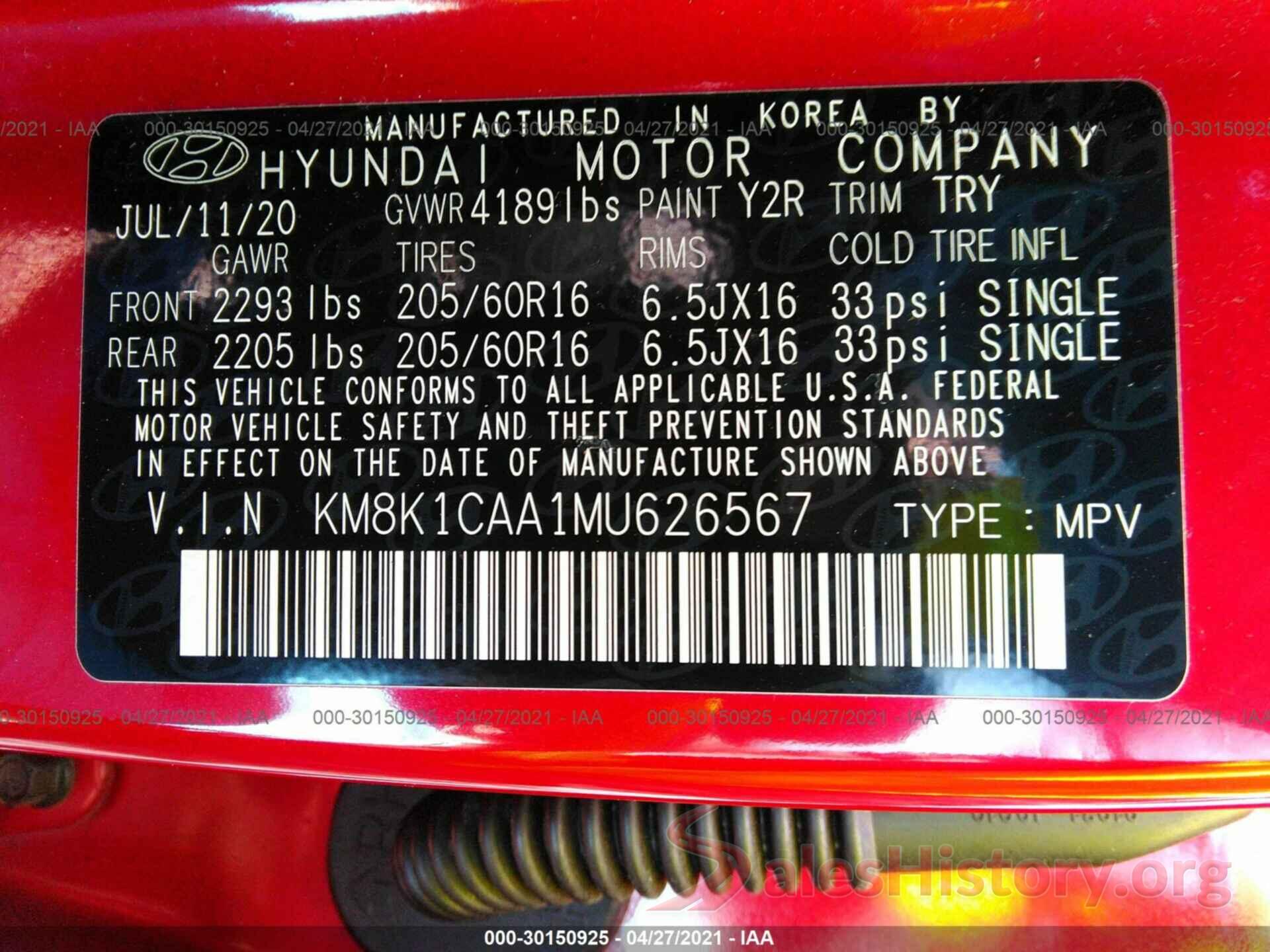 KM8K1CAA1MU626567 2021 HYUNDAI KONA