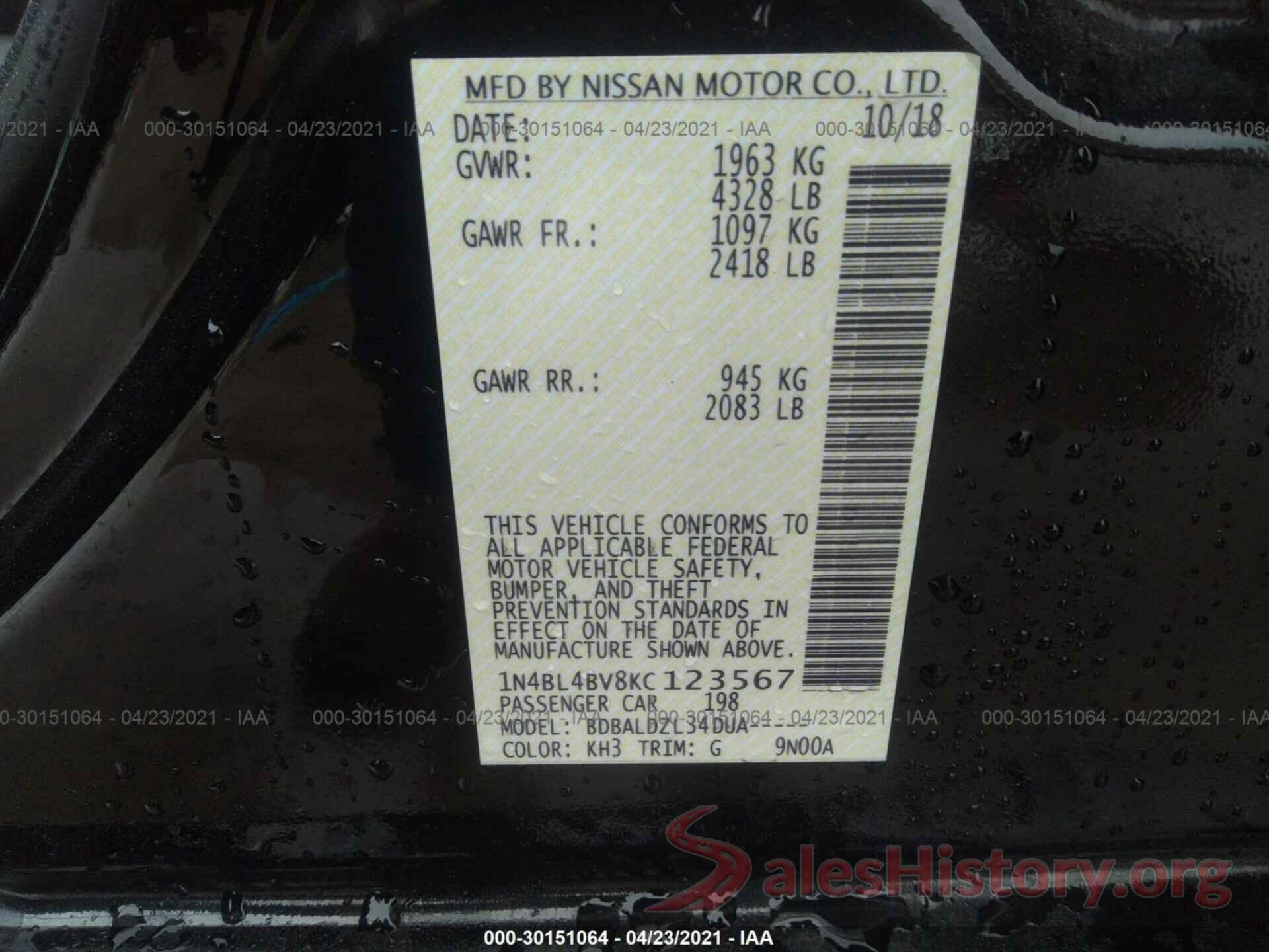 1N4BL4BV8KC123567 2019 NISSAN ALTIMA