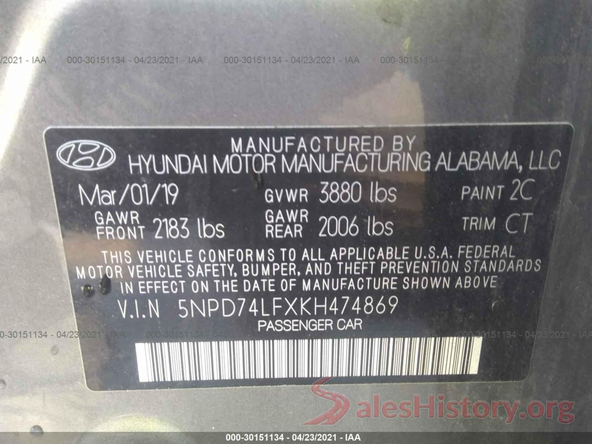 5NPD74LFXKH474869 2019 HYUNDAI ELANTRA