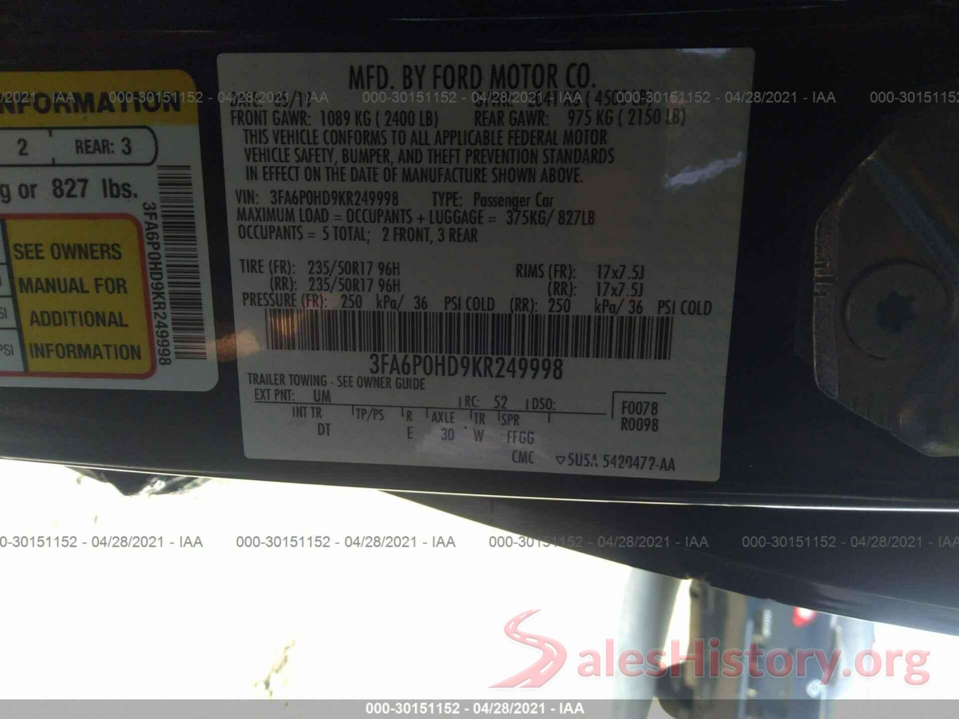 3FA6P0HD9KR249998 2019 FORD FUSION