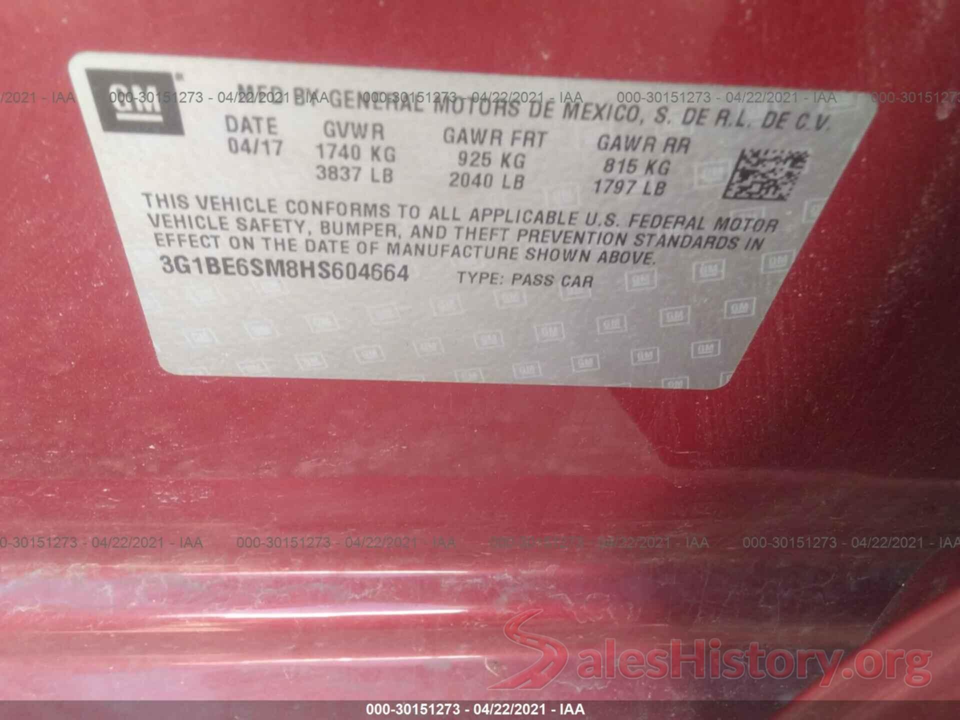 3G1BE6SM8HS604664 2017 CHEVROLET CRUZE