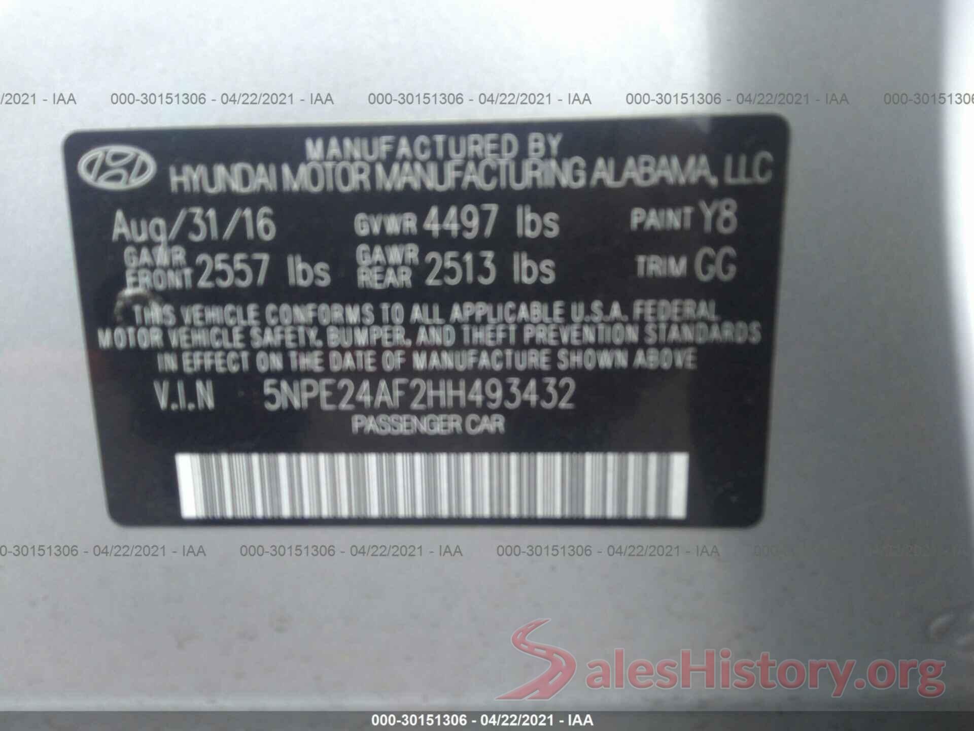 5NPE24AF2HH493432 2017 HYUNDAI SONATA