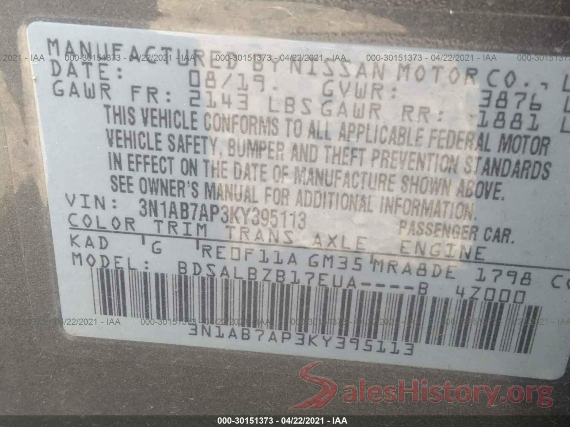 3N1AB7AP3KY395113 2019 NISSAN SENTRA