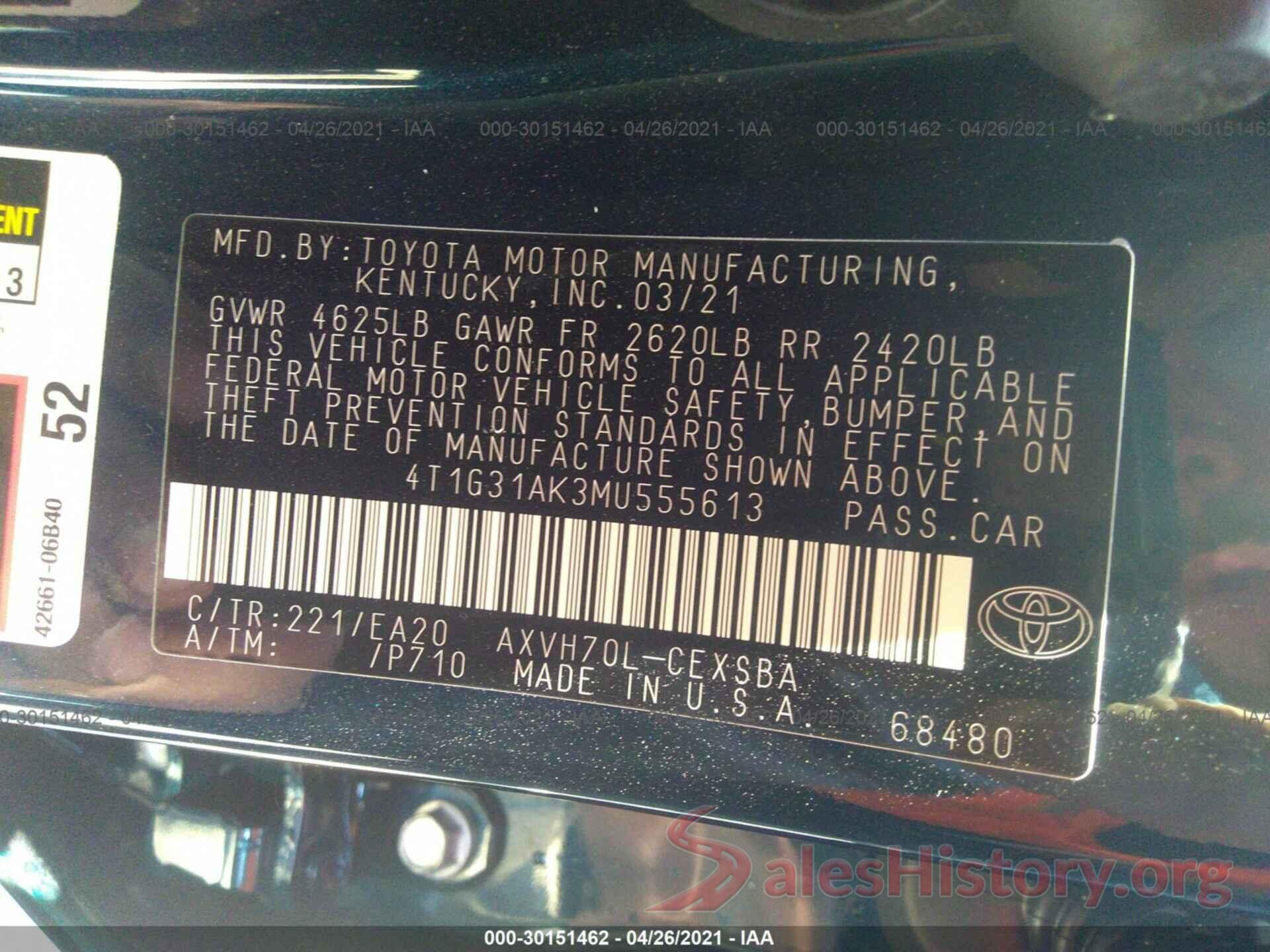 4T1G31AK3MU555613 2021 TOYOTA CAMRY