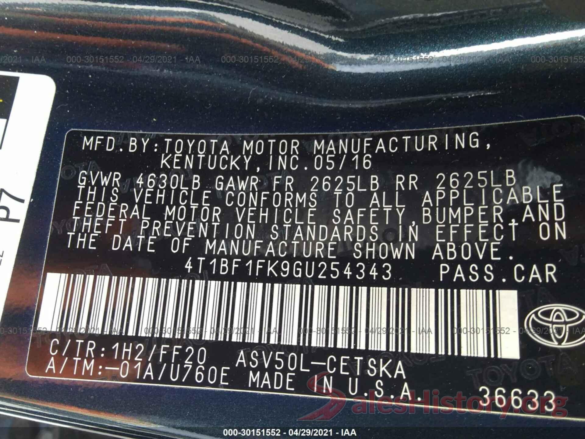 4T1BF1FK9GU254343 2016 TOYOTA CAMRY