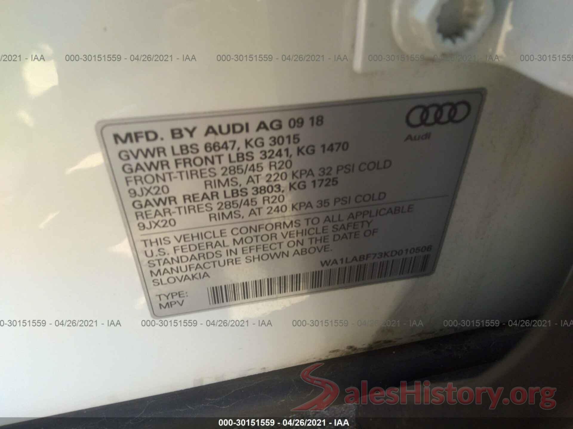 WA1LABF73KD010506 2019 AUDI Q7